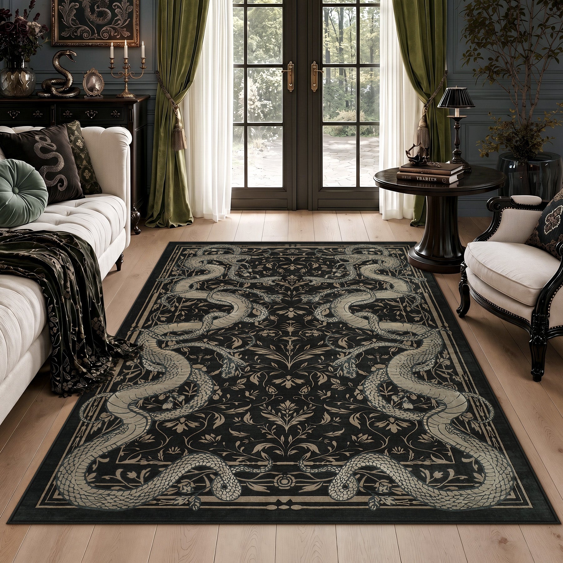 2x6/3x5/8x10 Vintage Snake Floral Area Rug, Non-Slip Gothic Runners for Home, Washable Low Pile Soft Indoor Carpet