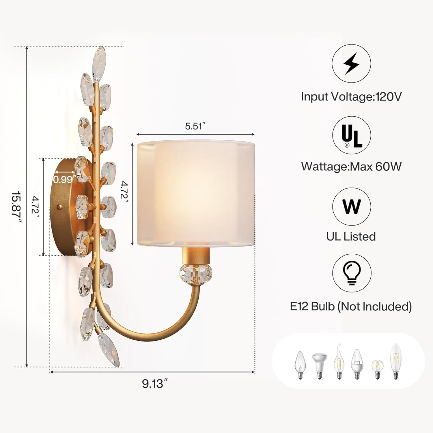 Wall Light Fixtures, Decorative Wall Sconce with Crystal Leaves Shape for Living Room(E12 Base)