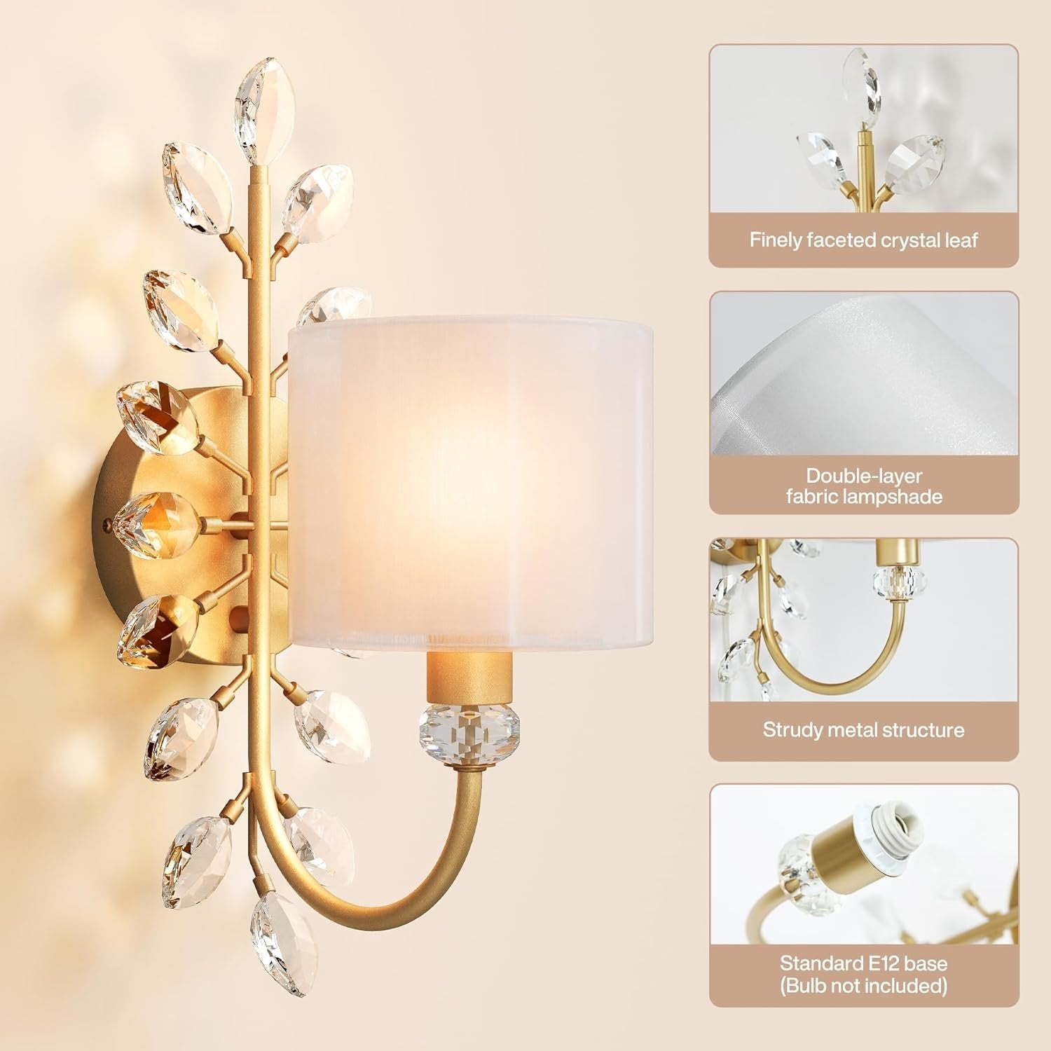 Wall Light Fixtures, Decorative Wall Sconce with Crystal Leaves Shape for Living Room(E12 Base)