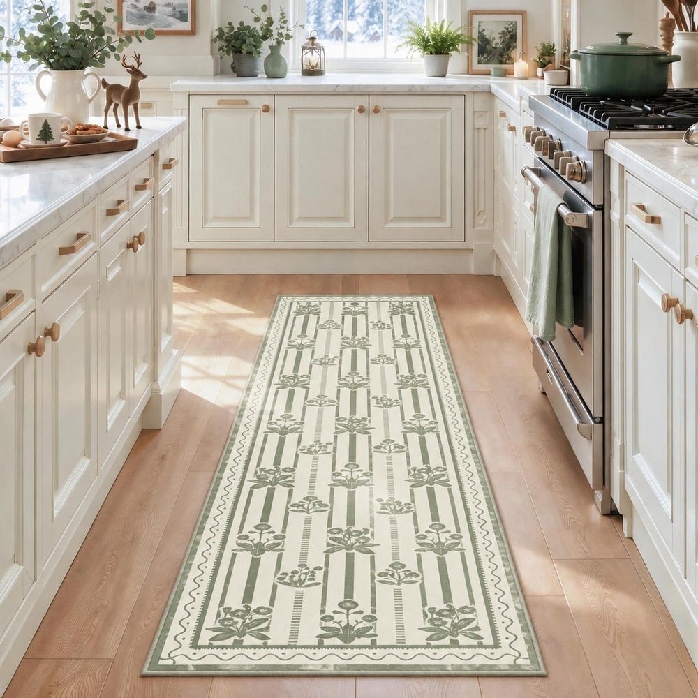 2'x6'/5'x7' Washable Floral Striped Area Rug & Runner, Non Slip Low Pile Farmhouse Carpet for Indoor
