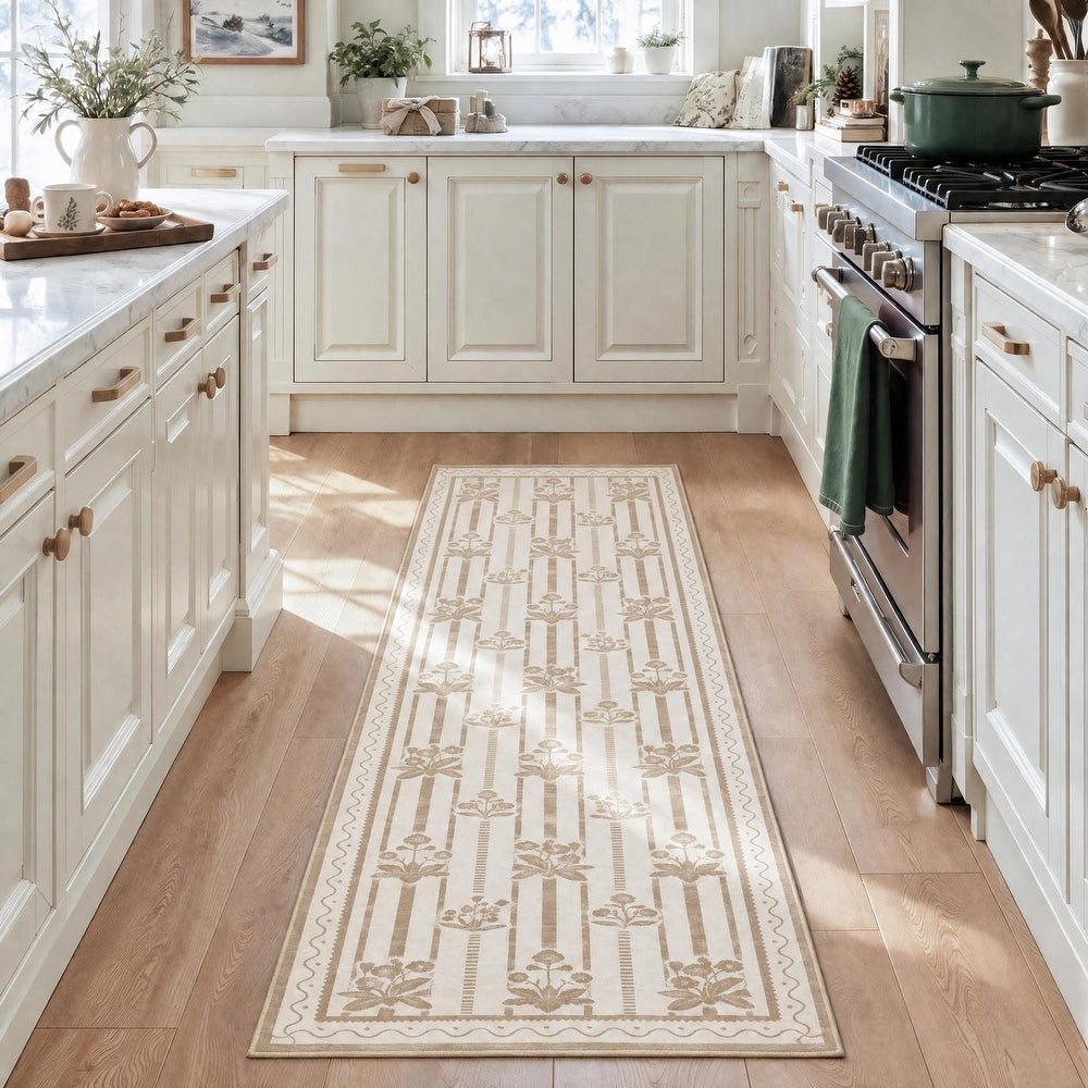2'x6'/5'x7' Washable Floral Striped Area Rug & Runner, Non Slip Low Pile Farmhouse Carpet for Indoor