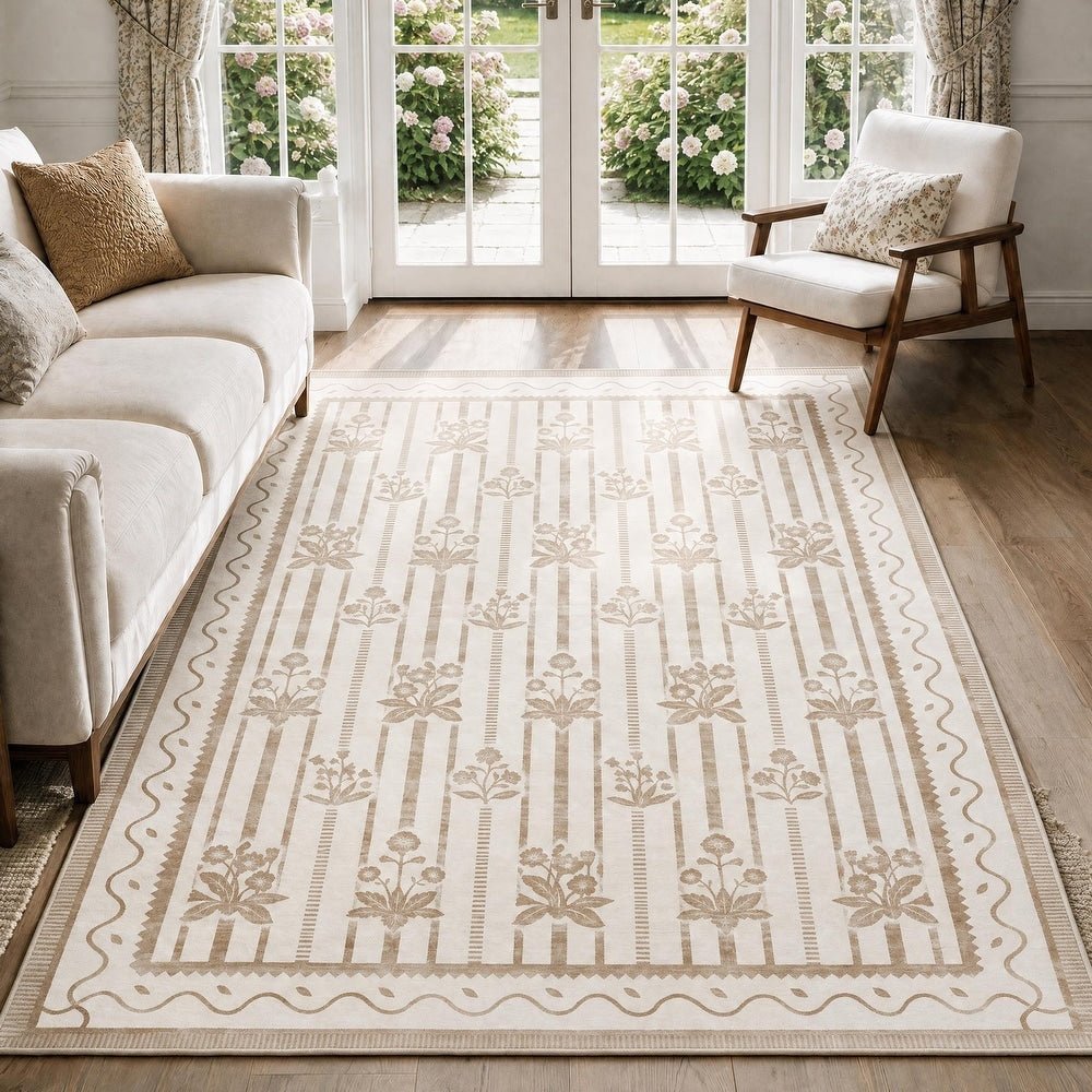2'x6'/5'x7' Washable Floral Striped Area Rug & Runner, Non Slip Low Pile Farmhouse Carpet for Indoor