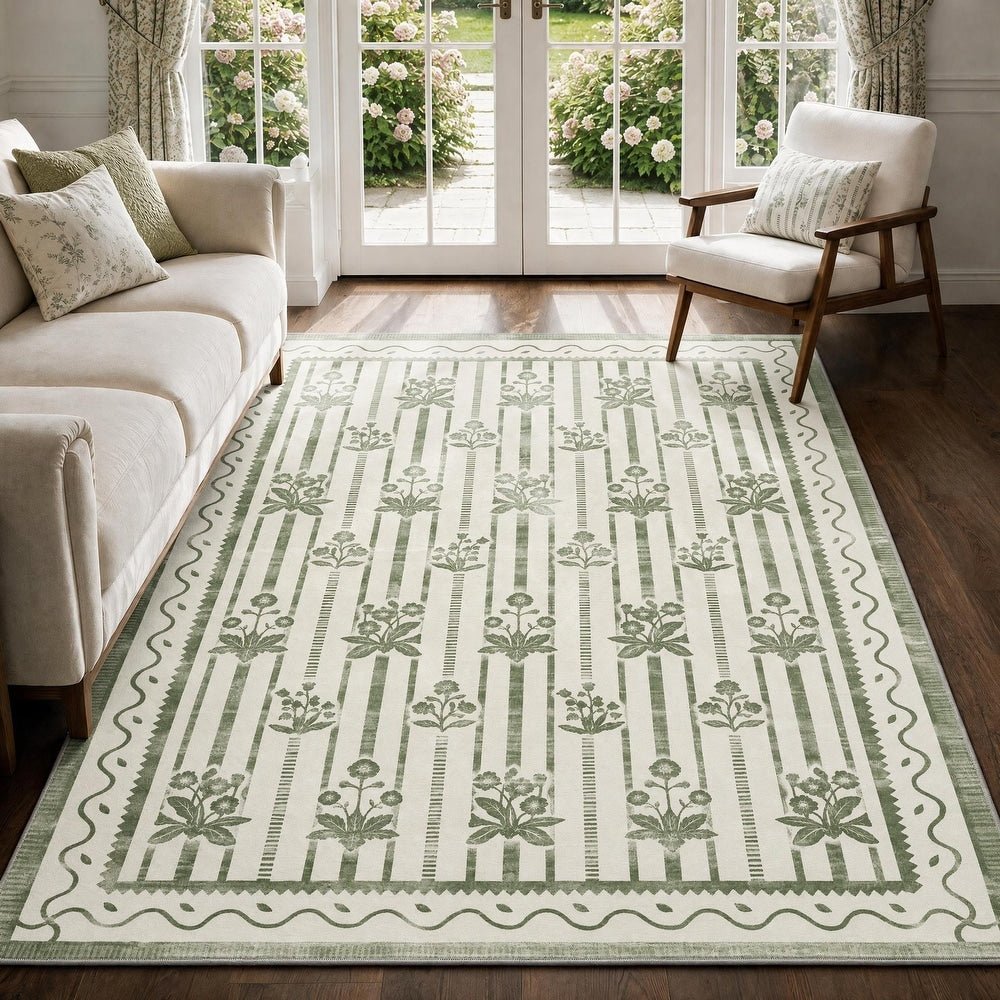 2'x6'/5'x7' Washable Floral Striped Area Rug & Runner, Non Slip Low Pile Farmhouse Carpet for Indoor