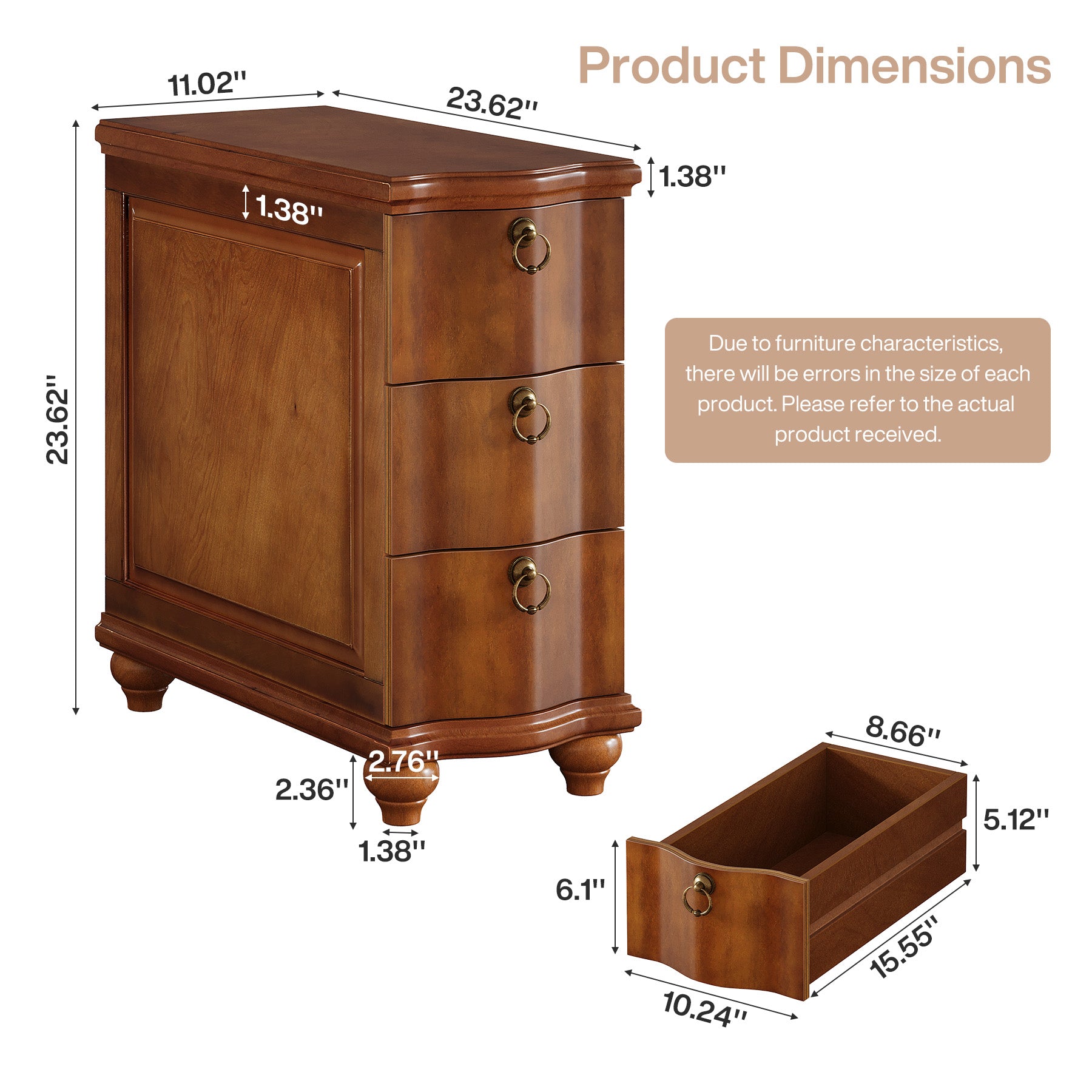 Wood Side Table, Fully Assembled Slim End Table Nightstand with 3-Drawers