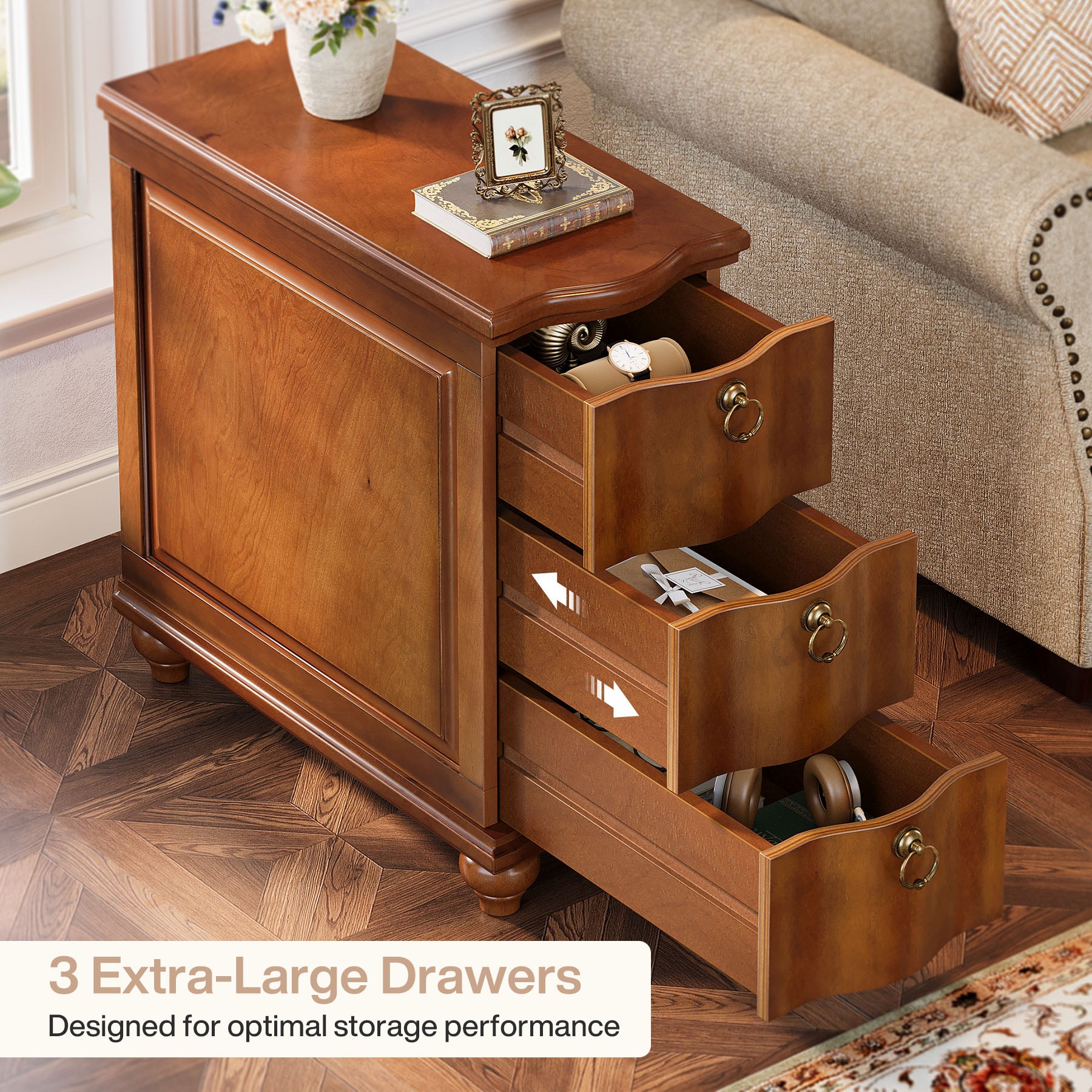 Wood Side Table, Fully Assembled Slim End Table Nightstand with 3-Drawers