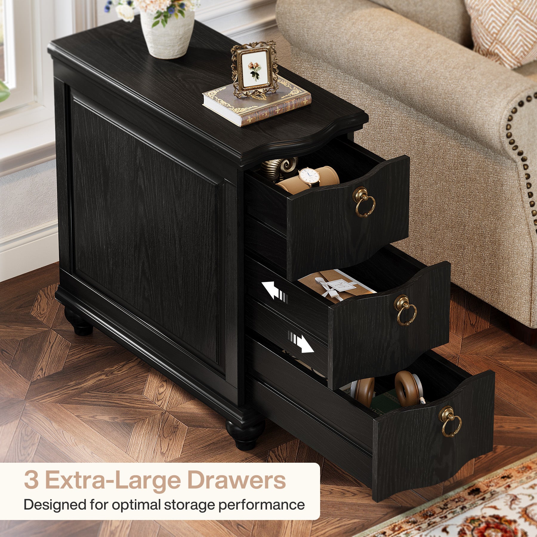 Wood Slim End Table, Fully Assembled Side Table Nightstand with 3-Drawers