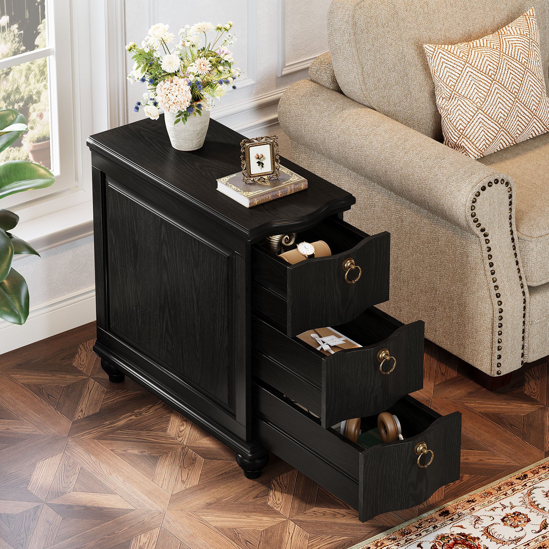 Wood Slim End Table, Fully Assembled Side Table Nightstand with 3-Drawers
