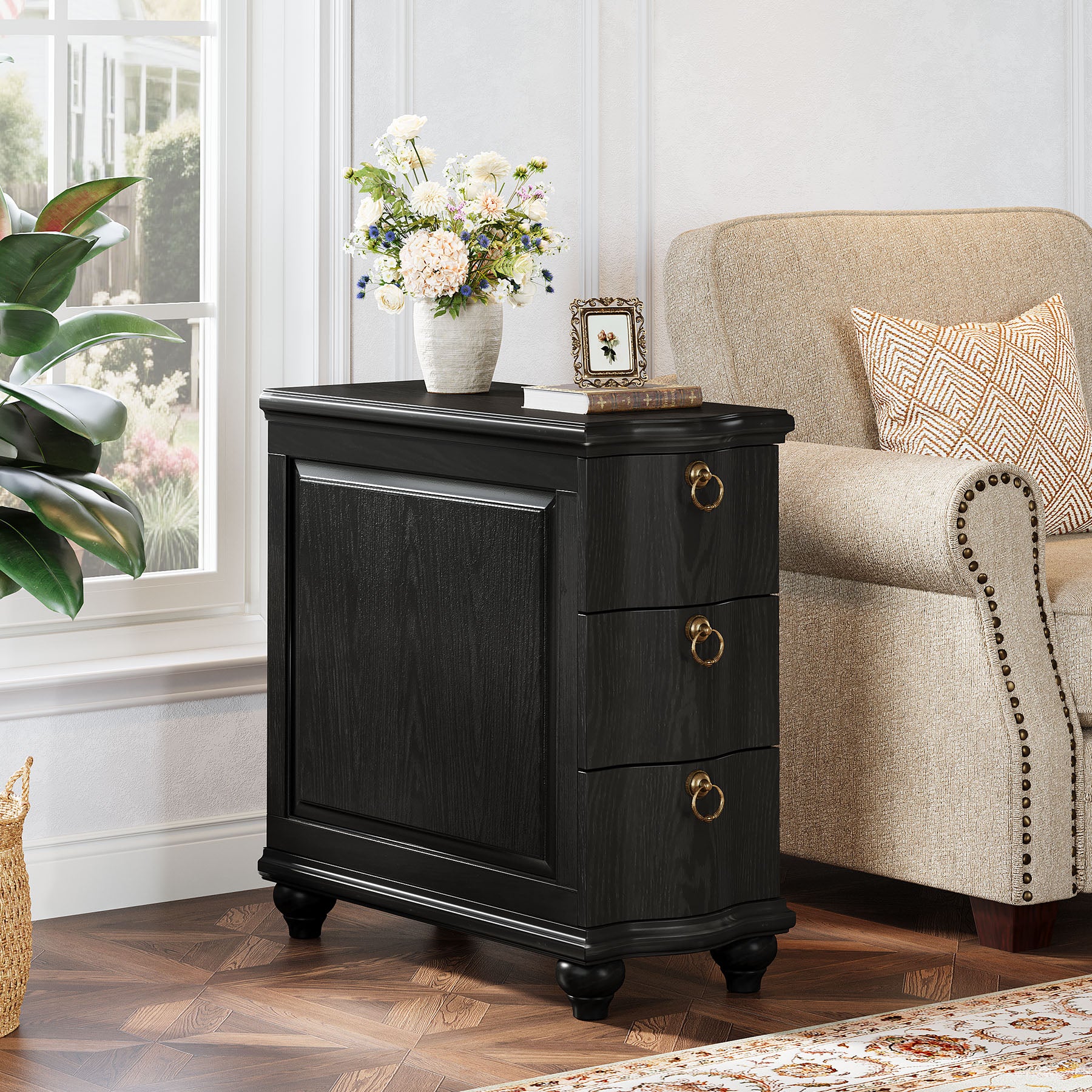 Wood Slim End Table, Fully Assembled Side Table Nightstand with 3-Drawers