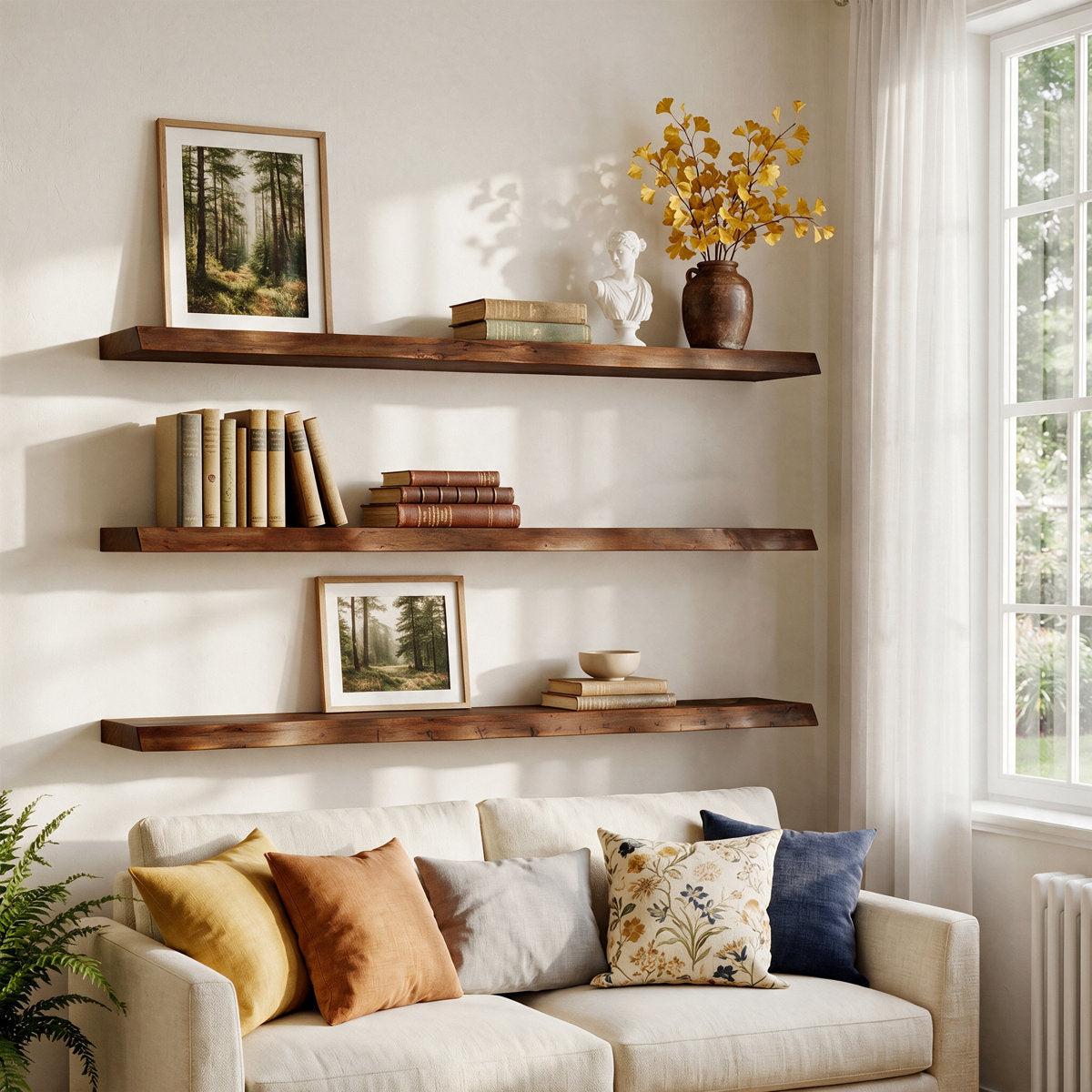 47.2" Floating Shelves for Wall Set of 3, Solid Wood Live Edge Wall Shelves