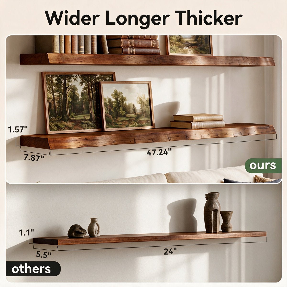 47.2" Floating Shelves for Wall Set of 3, Solid Wood Live Edge Wall Shelves