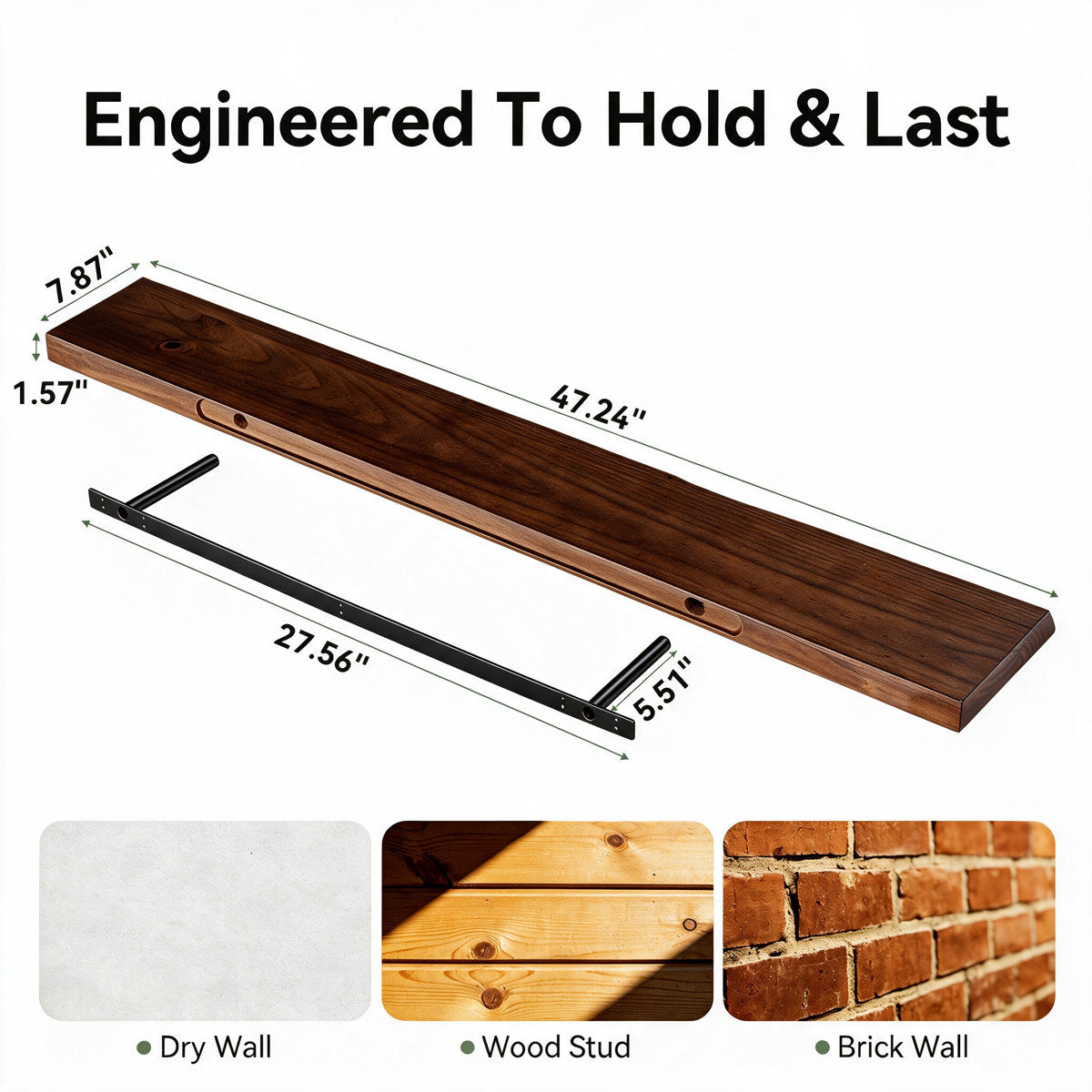 47.2" Floating Shelves for Wall Set of 3, Solid Wood Live Edge Wall Shelves