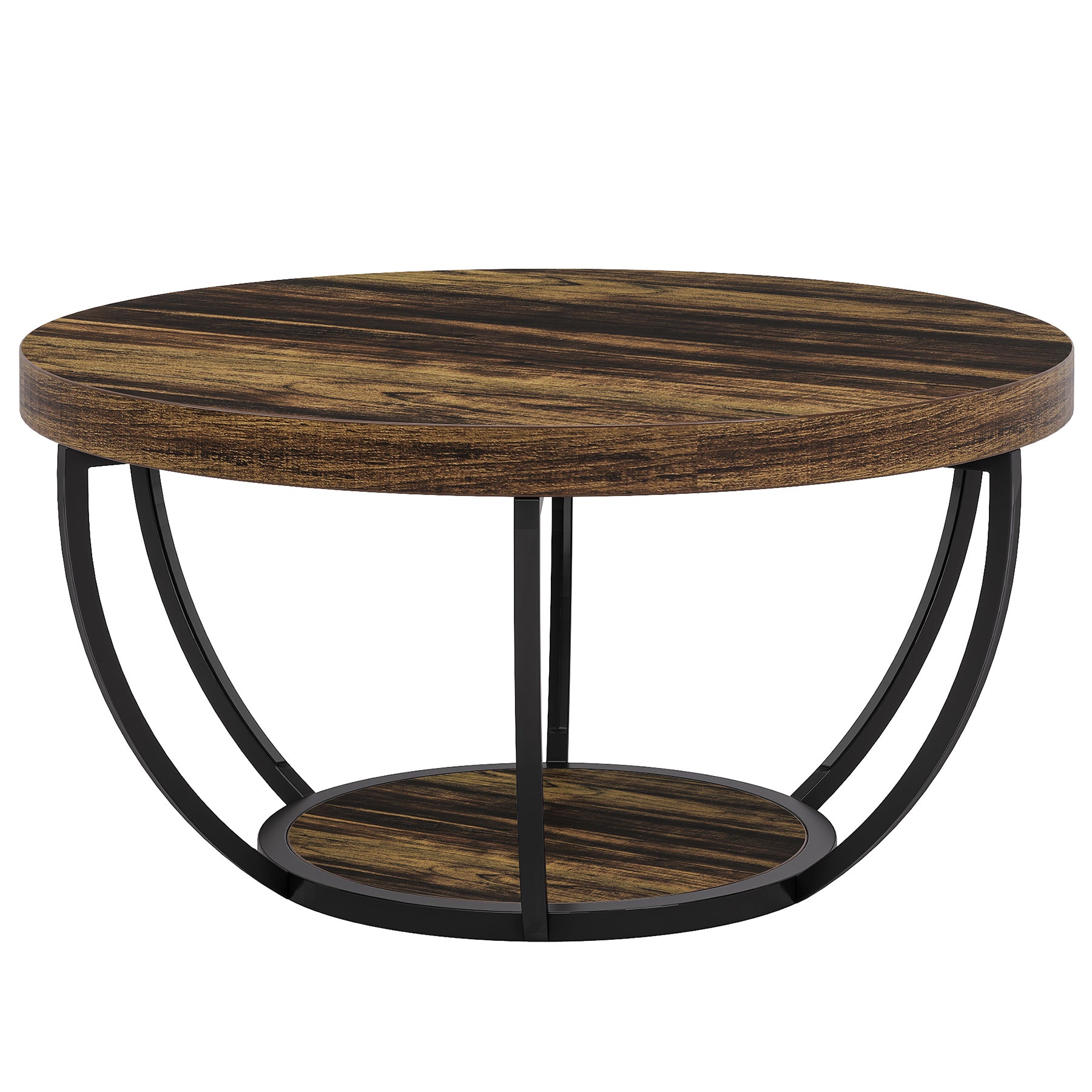 Wooden Coffee Table, 2-Tier Round Central Cocktail Table with Shelves