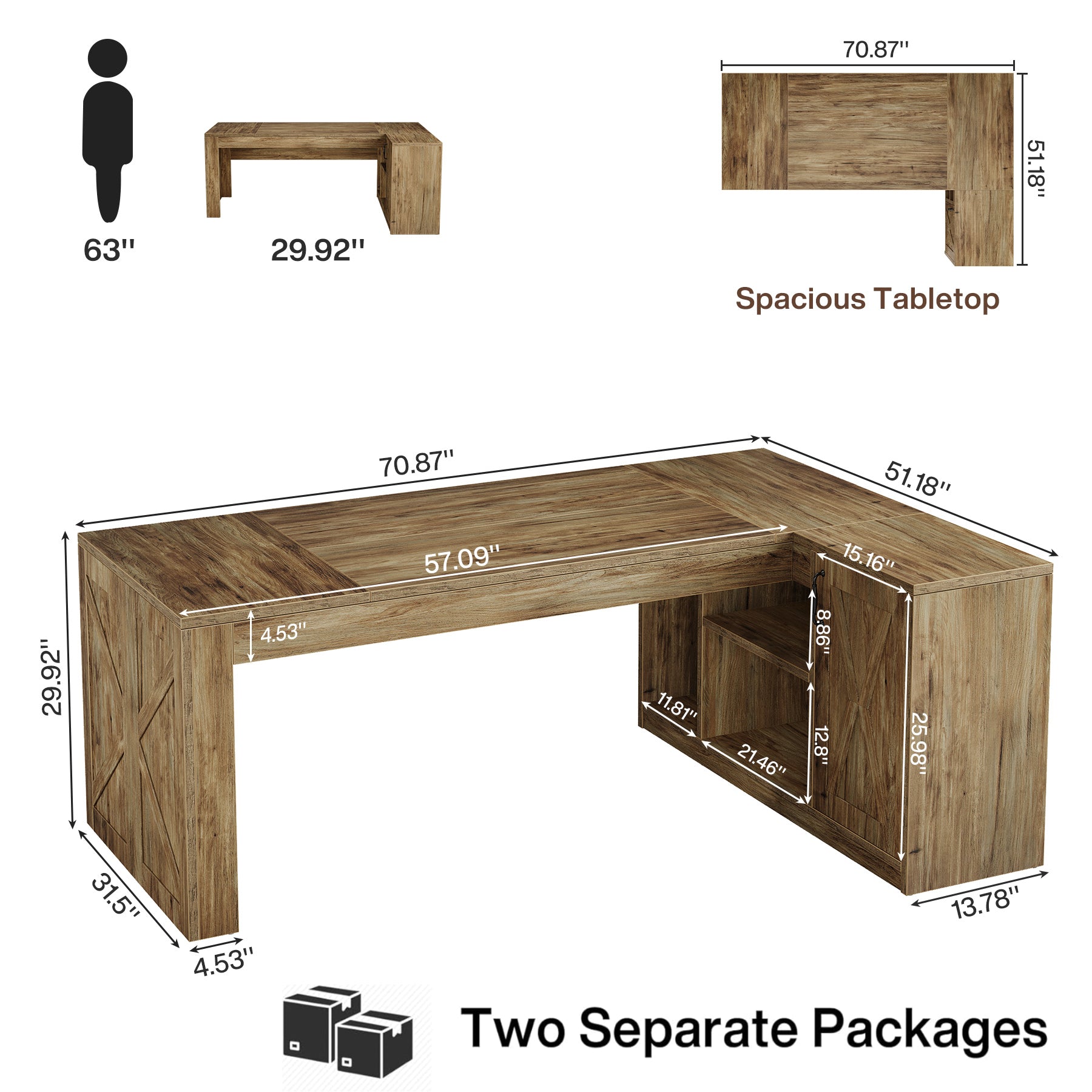 70.8" Executive Desk, L-Shaped Computer Table with Storage Cabinet