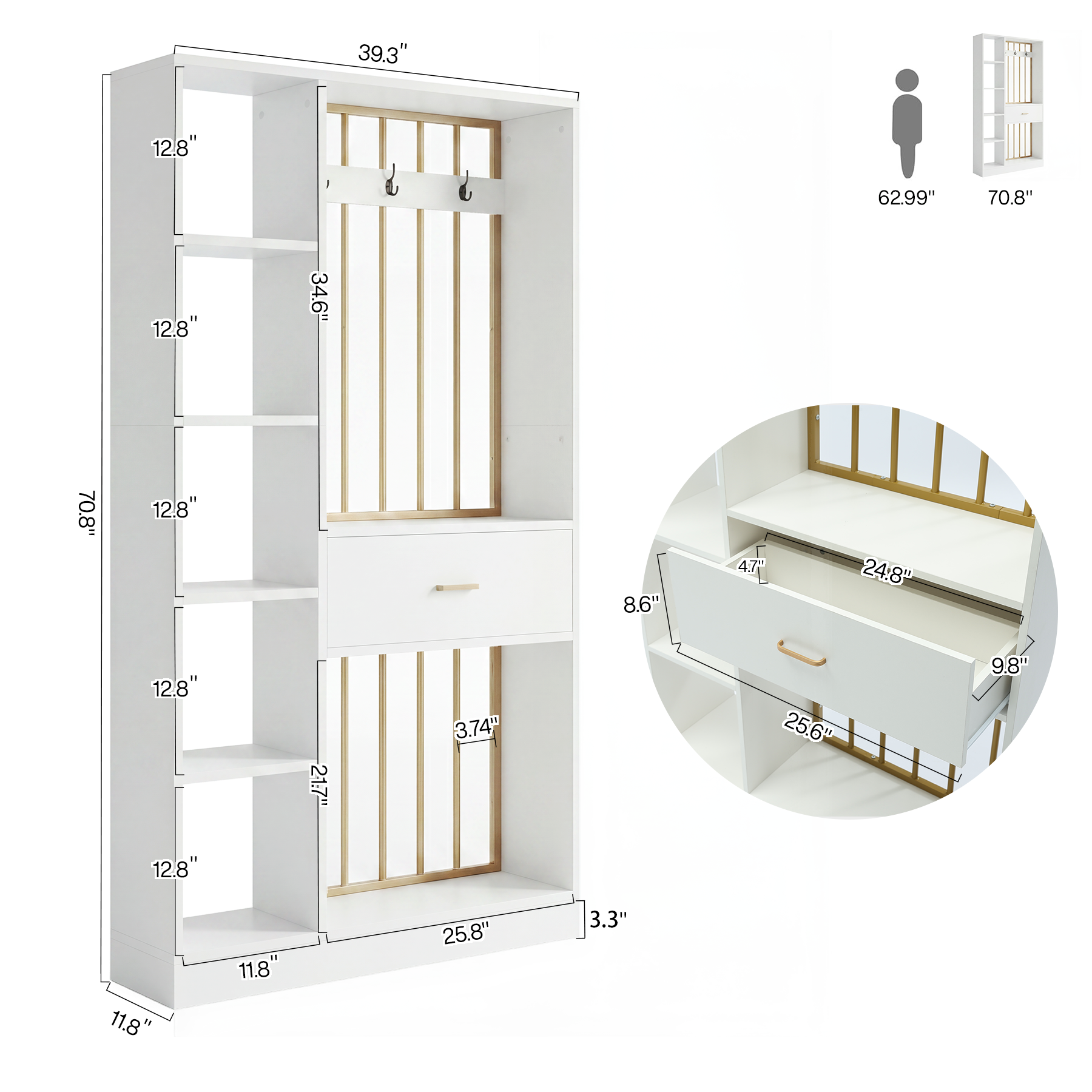 70.8" Room Divider with Storage Shelves, Drawer & Coat Rack, Freestanding Wood Partition Wall