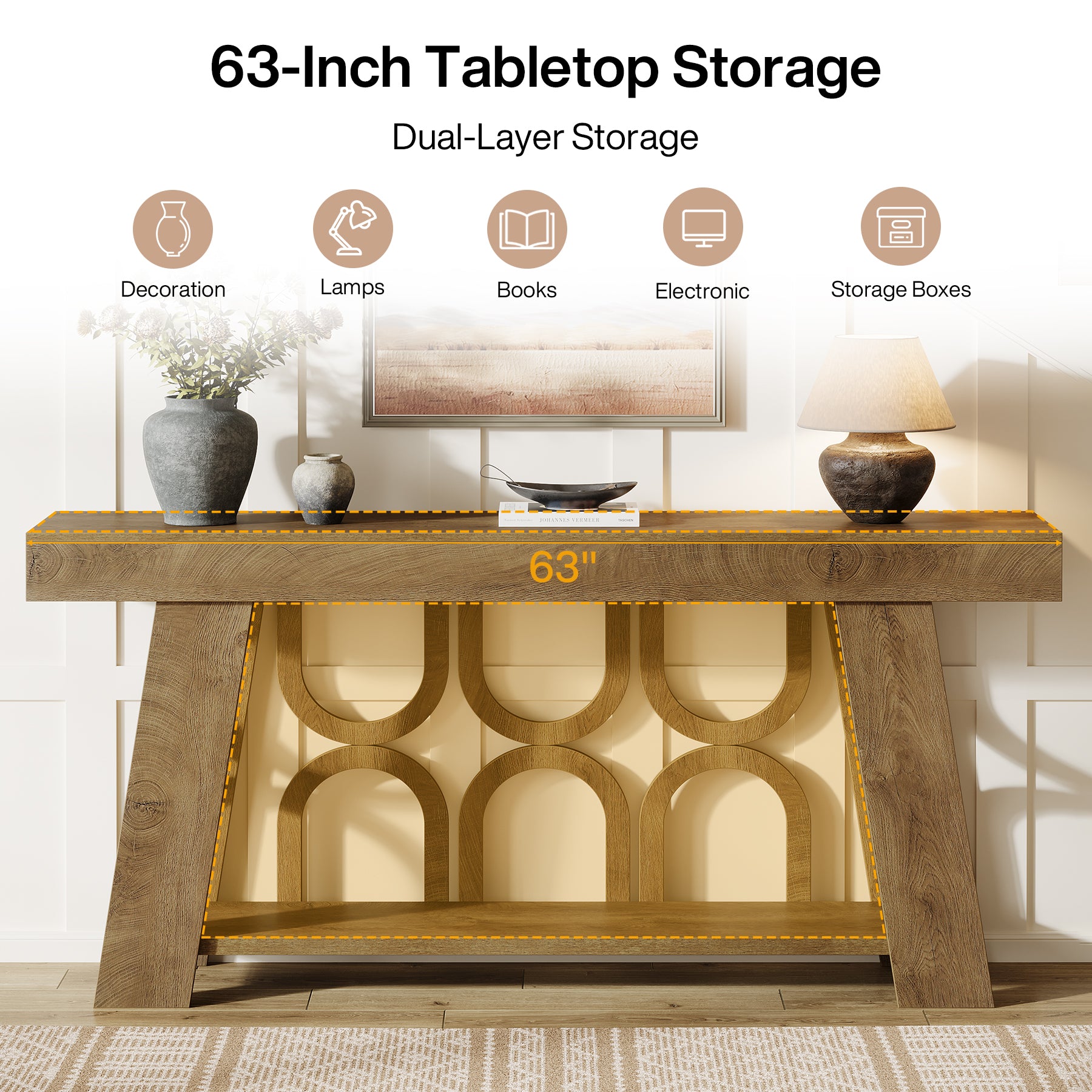 63" Console Table with Arched Legs, 2-Tier Farmhouse Entryway Table