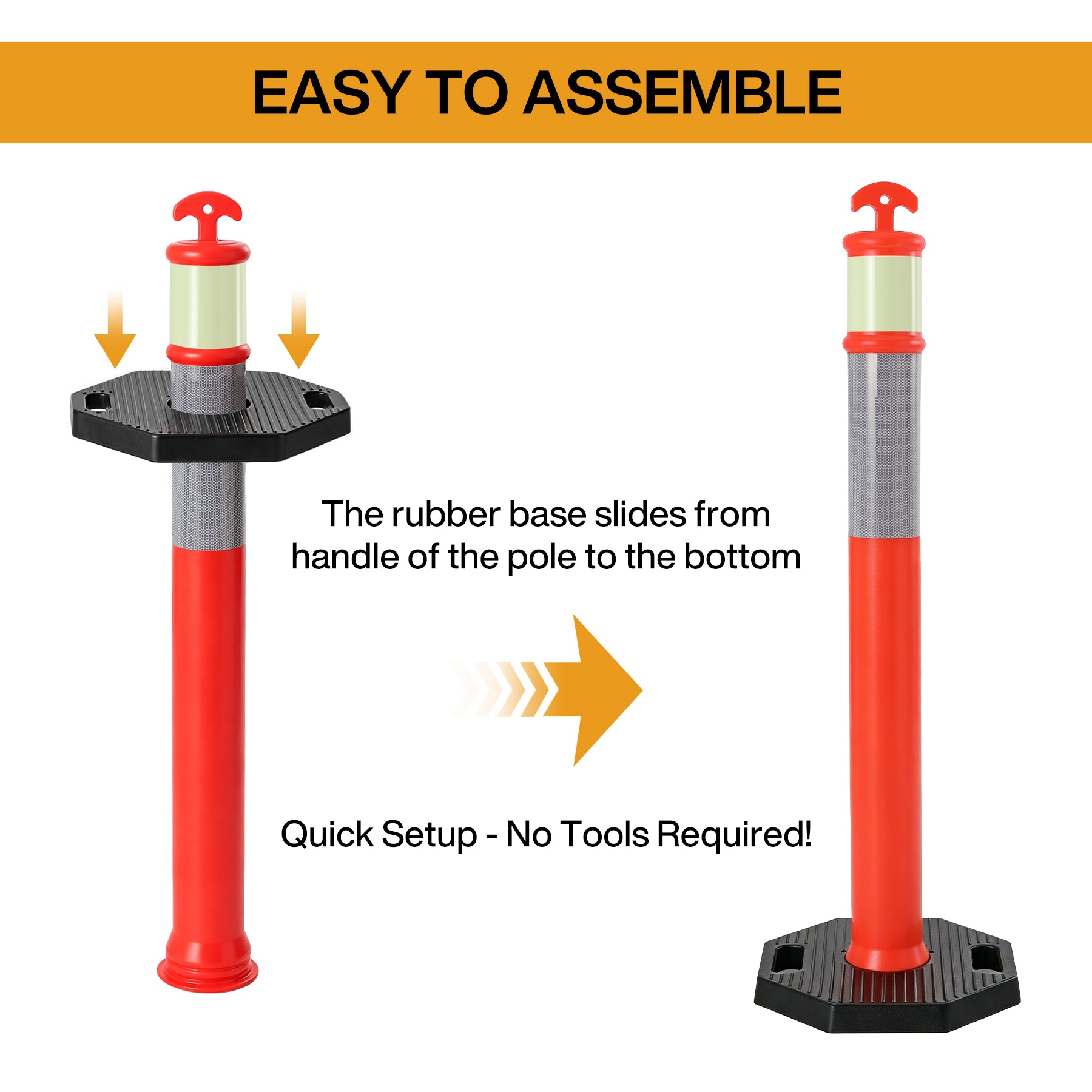 45" Reflective & Glow-in-the-Dark Traffic Delineator Posts with Heavy Rubber Base & Connecting Chains