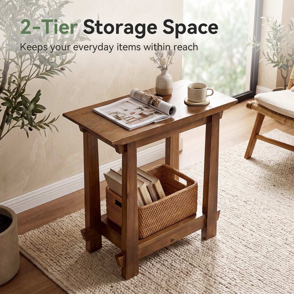 2-Tier Solid Wood End Table, Rectangle Sofa Side Table, Living Room Bedroom Nightstand