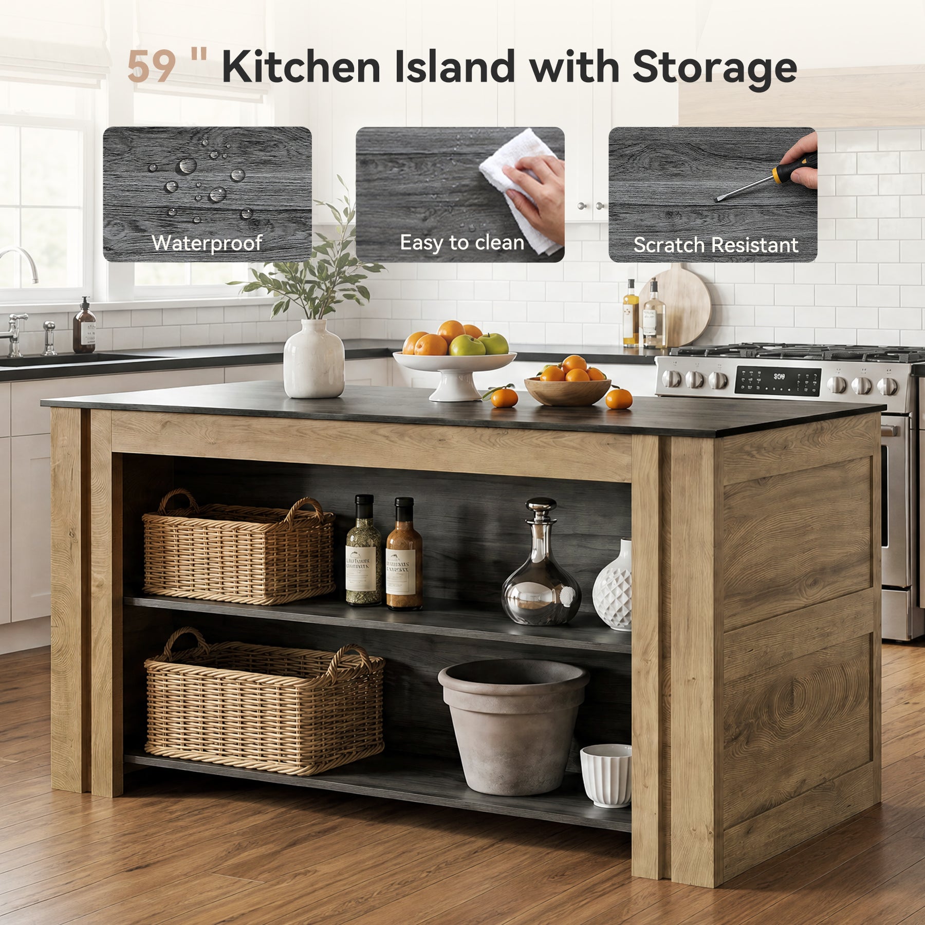 59" Kitchen Island, 3-Tier Farmhouse Coffee Bar Table with Large Worktop & Storage