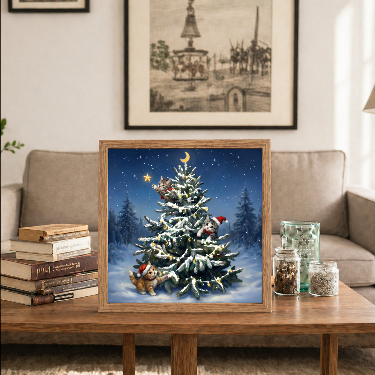 24x24 Inch Christmas Tree Wall Art, Large Framed Canvas with Crystal Coating, Modern Living Room