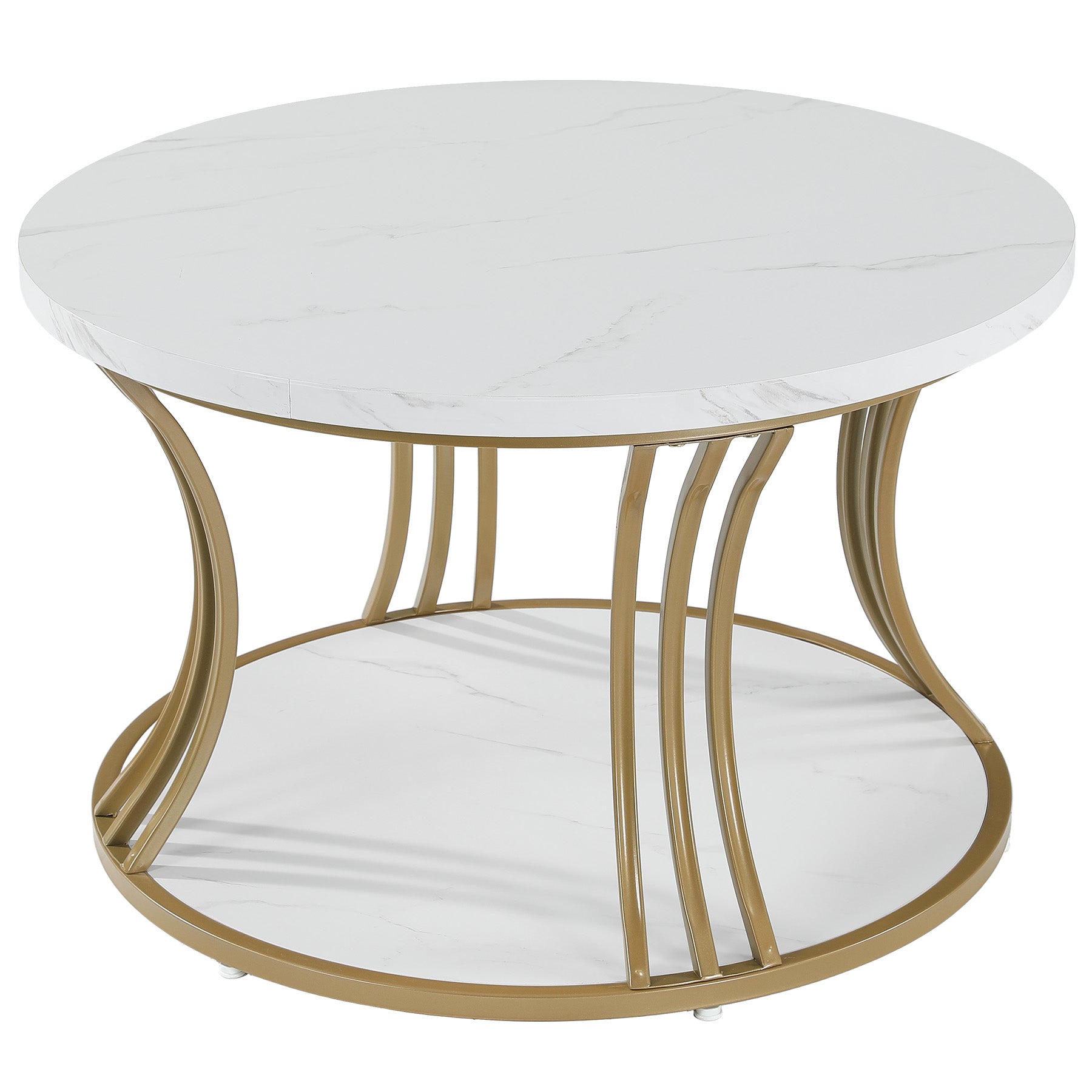 31.5" Round Coffee Table, 2-Tier Modern Faux Marble Center Cocktail Table