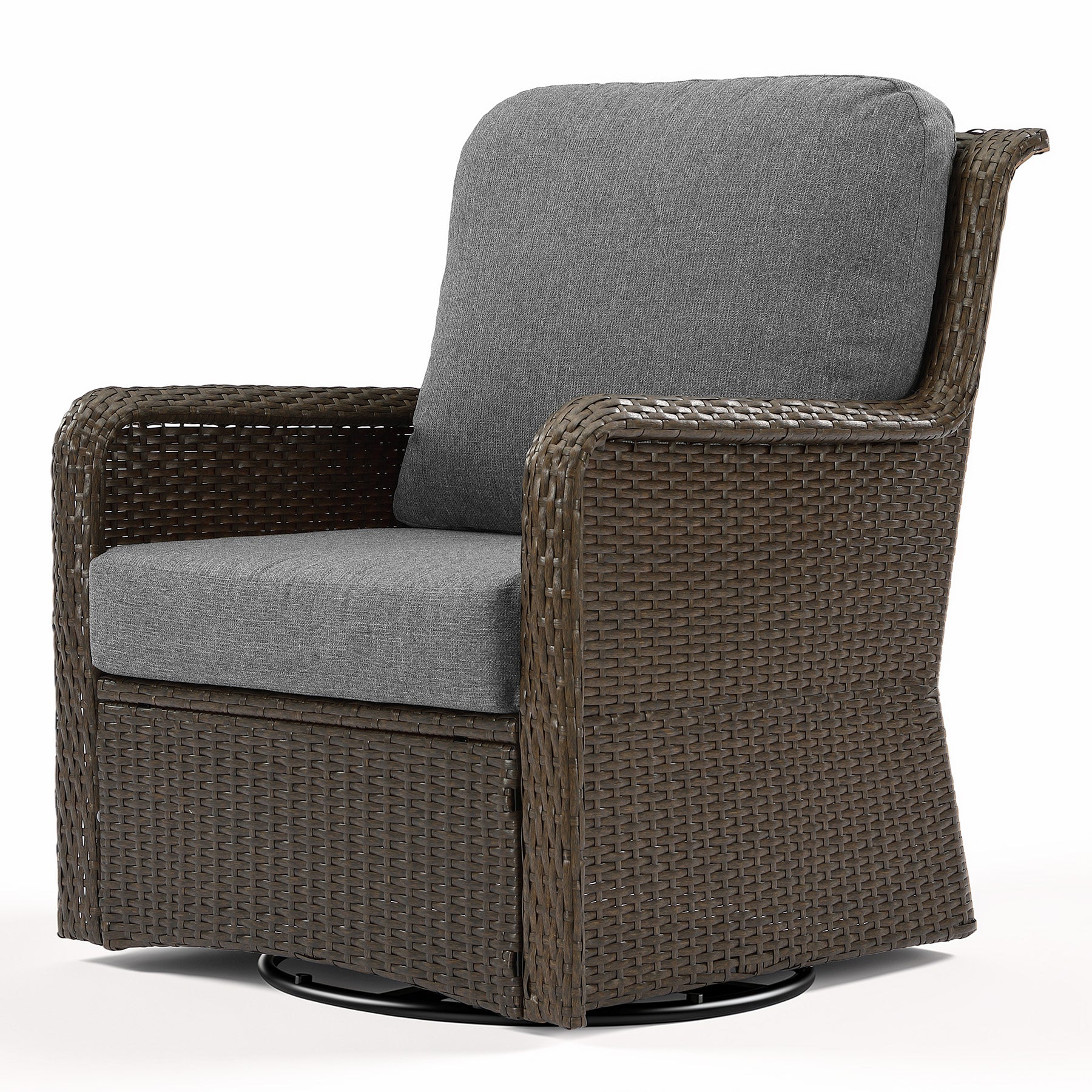 29.53" Outdoor Wicker Swivel Chair, Patio Rattan Rocking Chair with Thick Gray Cushions
