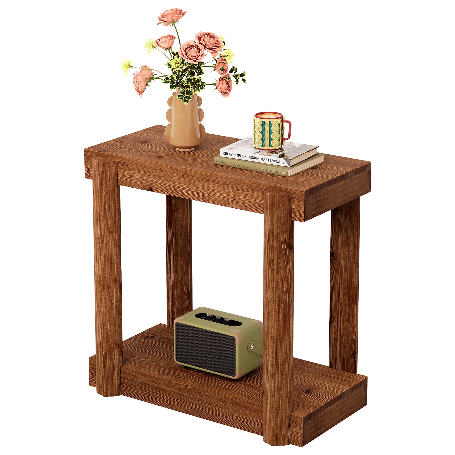 Solid Wood Modern Farmhouse End Table, 2-Tier Storage Shelf Side Table for Small Spaces