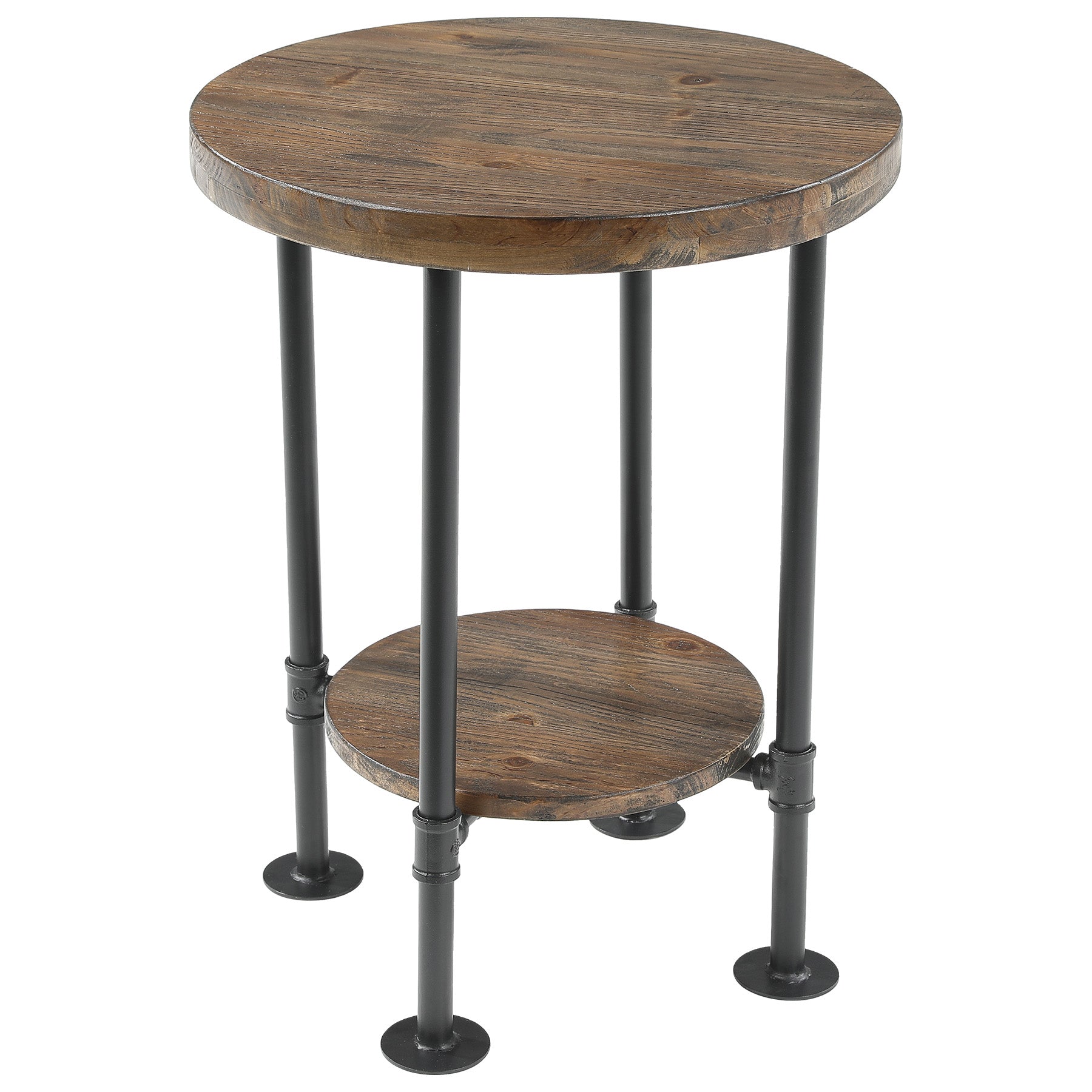 Round End Table, 2-Tier Side Table with Solid Wood Top & Metal Pipe Legs for Living Room