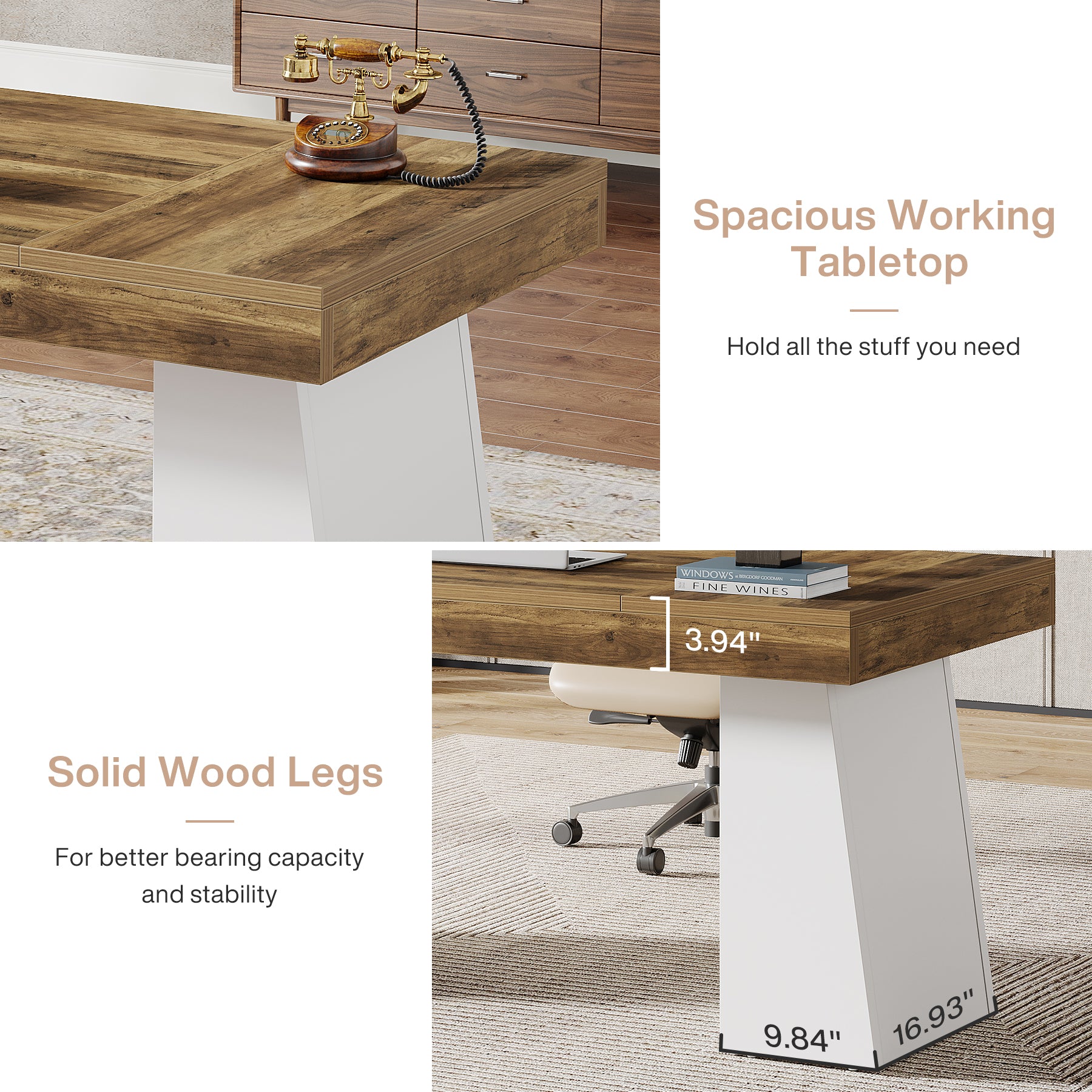 55" Executive Office Desk with Double Trapezoid Base, Modern Wooden Computer Desk for Home Office