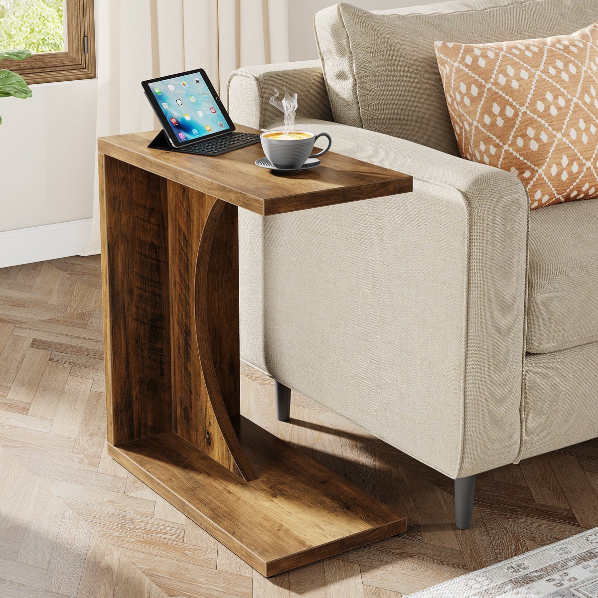 Tribesigns C-Shaped End Table, Rustic Brown Wood Sofa Side Table, 1.1