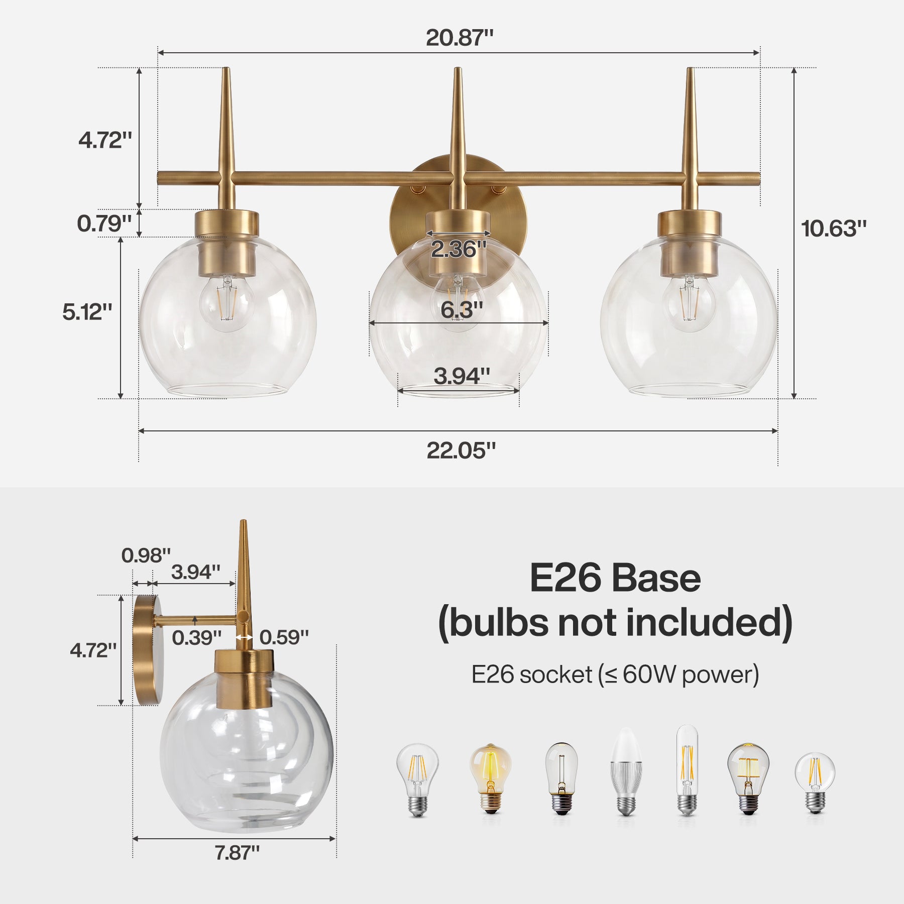 3-Light Bathroom Vanity Light, Modern Brass Finish Wall Sconce Fixture Over Mirror