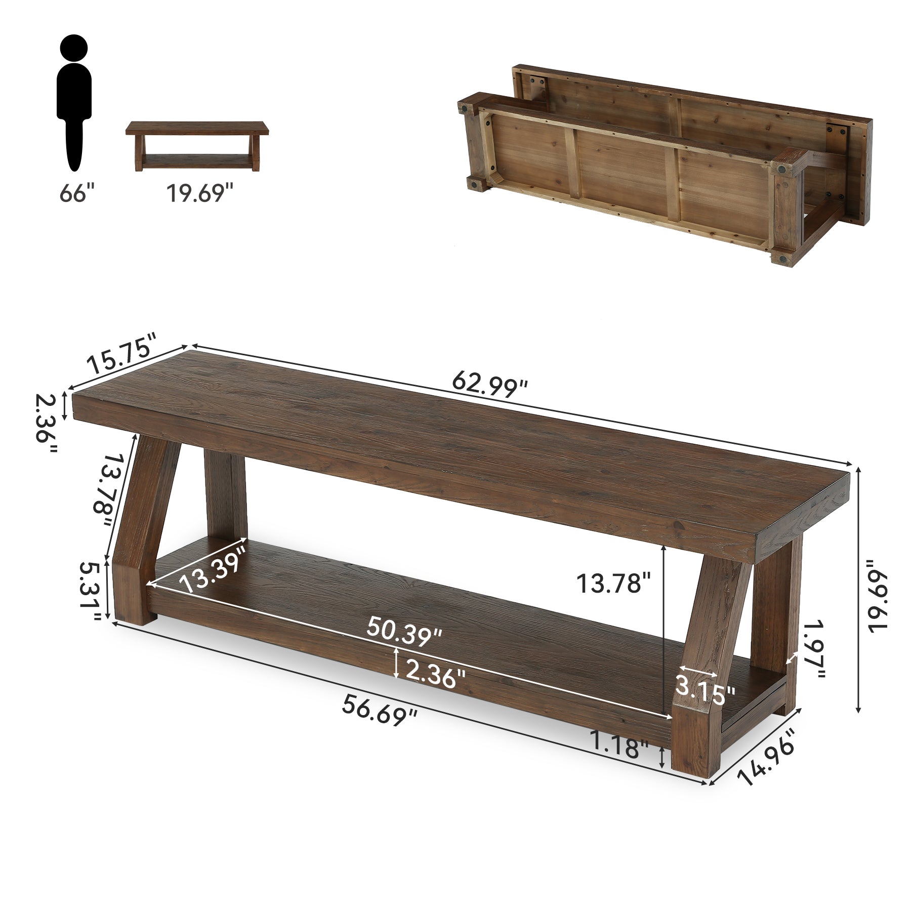63" Solid Wood Entryway Bench with Shoe Storage, 2-Tier Rustic Shoe Bench for Hallway, Living Room & Bedroom