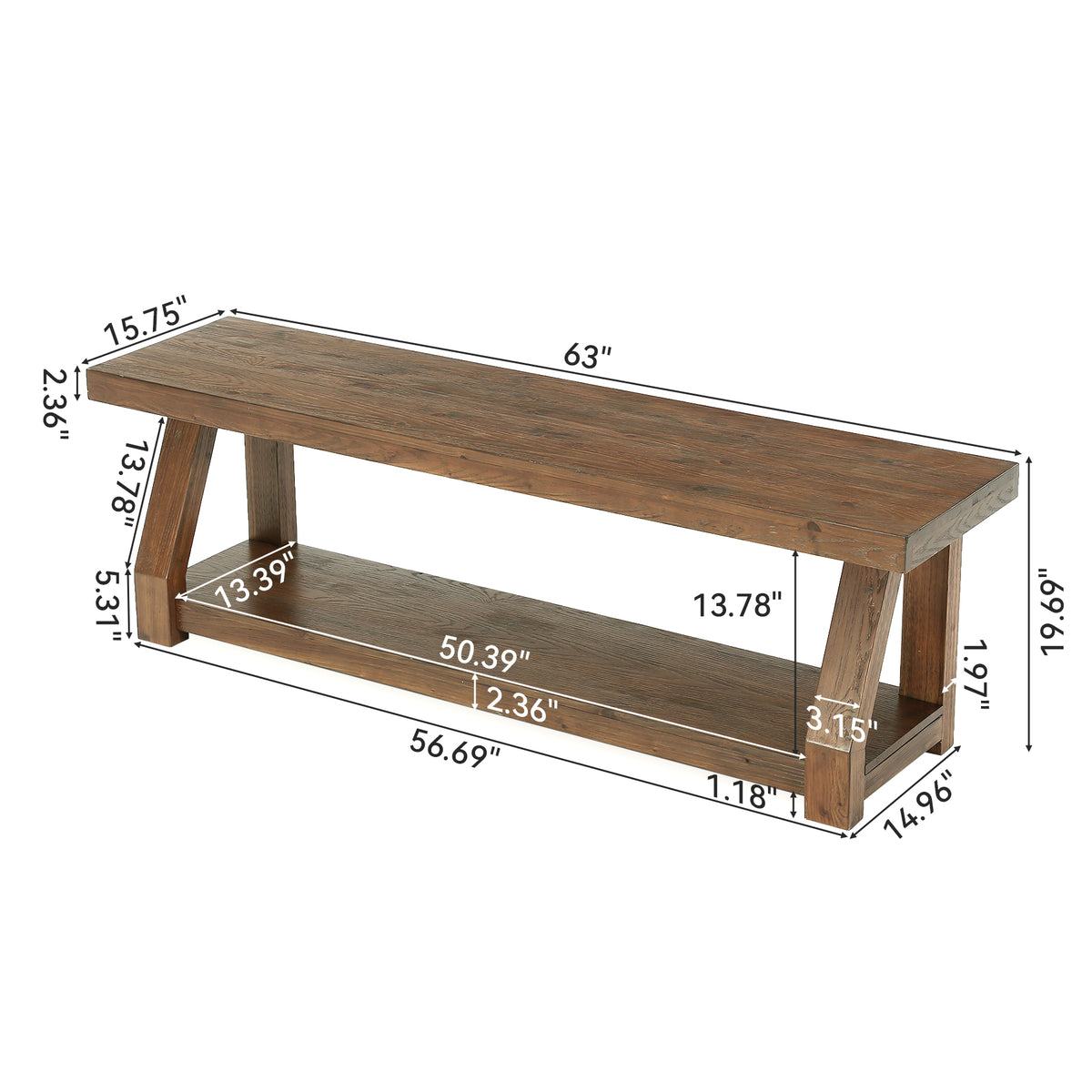 63" Solid Wood Entryway Bench with Shoe Storage, 2-Tier Rustic Shoe Bench for Hallway, Living Room & Bedroom