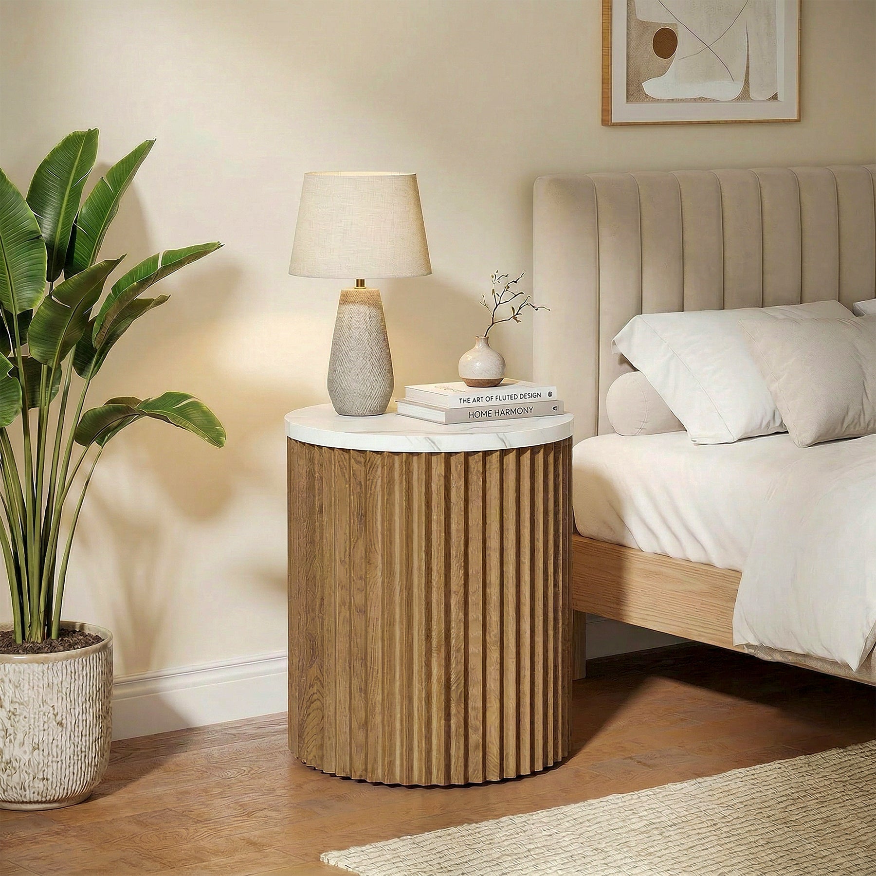 Round Nightstand, 23.6" Bedside Table with Faux Marble Tabletop & Fluted Base