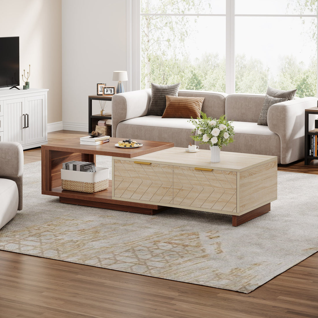 Extendable Coffee Table, Modern Coffee Table with Storage-Tribesigns