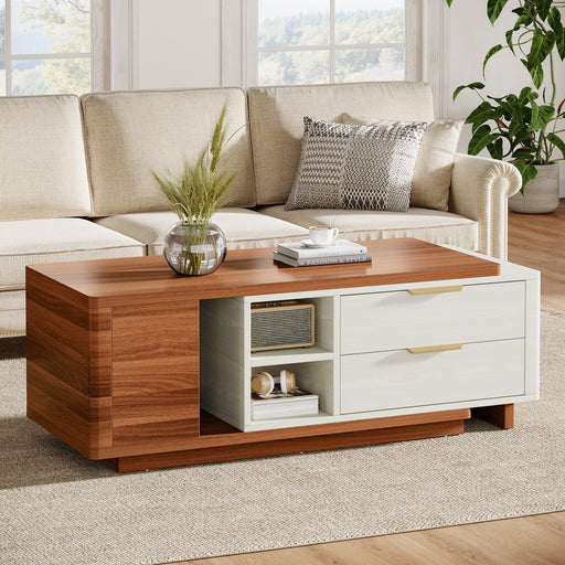 Extendable Coffee Table, Two - Tone Wood Center Table with 2 Drawers Tribesigns