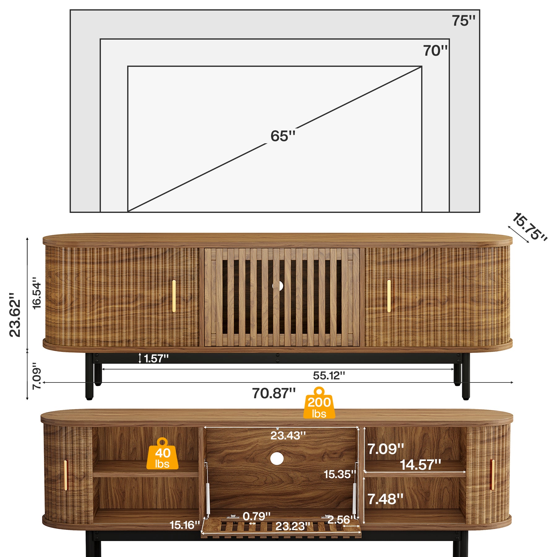 70" TV Stand for TVs up to 80", Fluted TV Console with Metal Legs & Sliding Doors