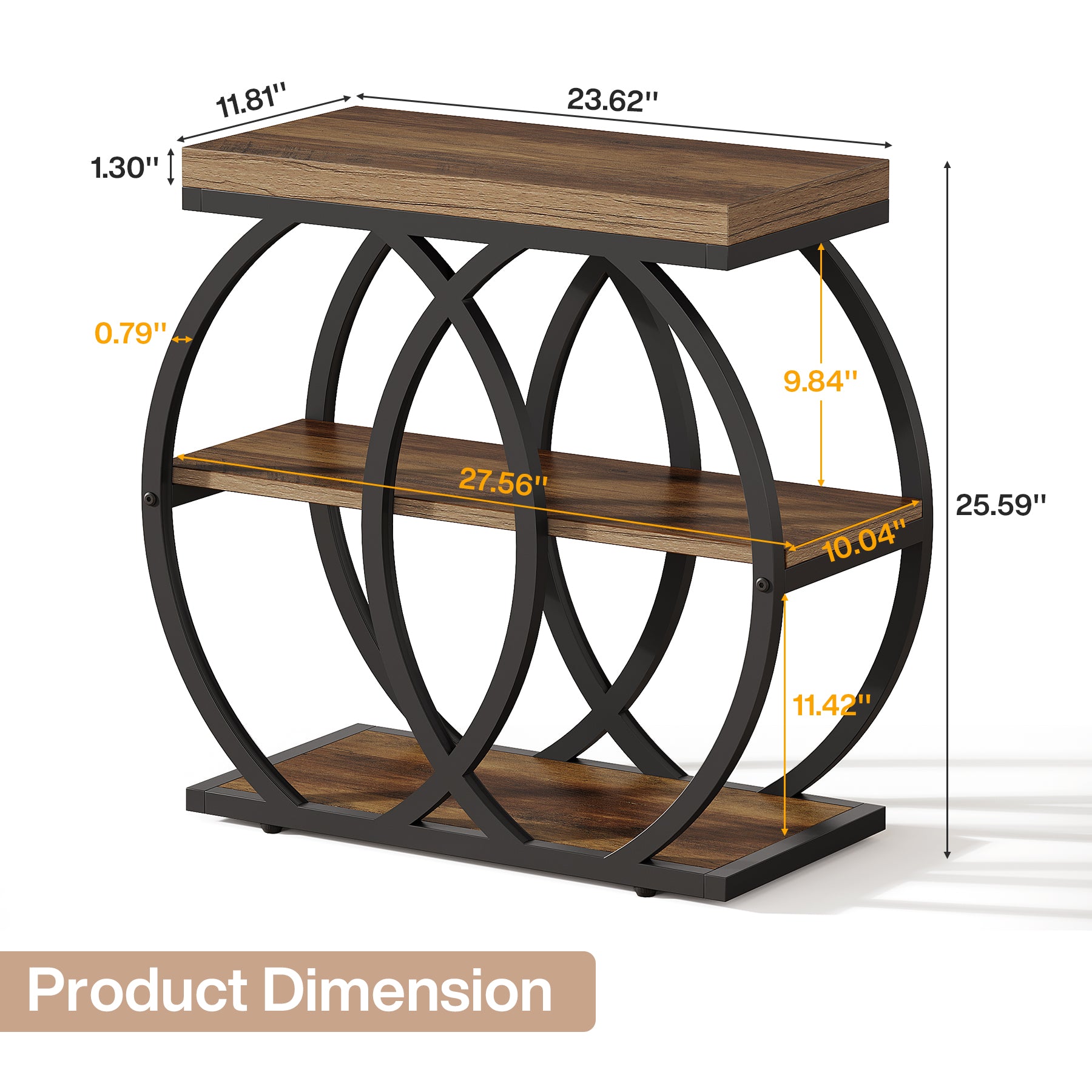 3-Tier Narrow End Table, Industrial Side Table with Metal Frame for Small Spaces