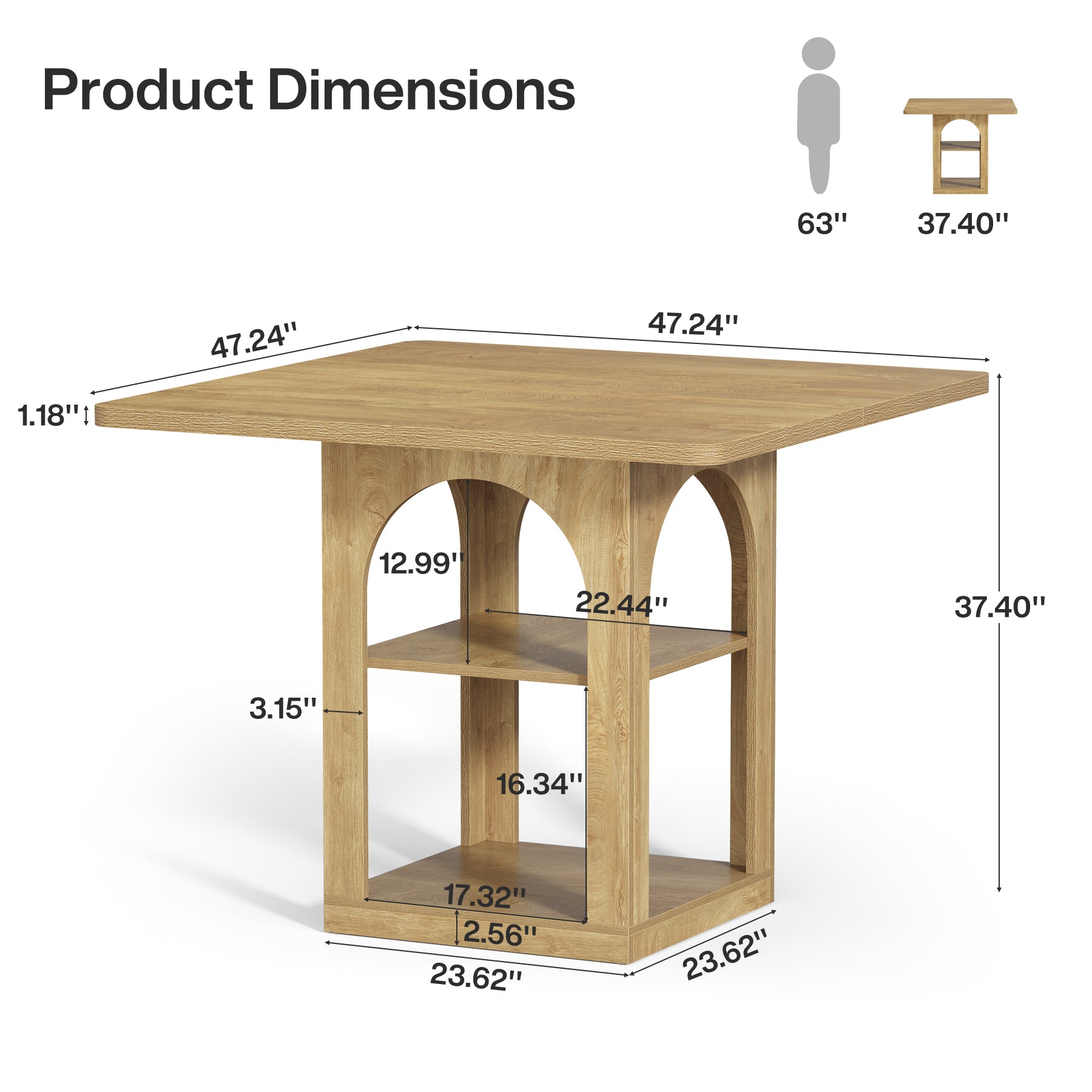 47.2" Square Bar Table, Farmhouse Counter Height Pub Table with Storage Shelves