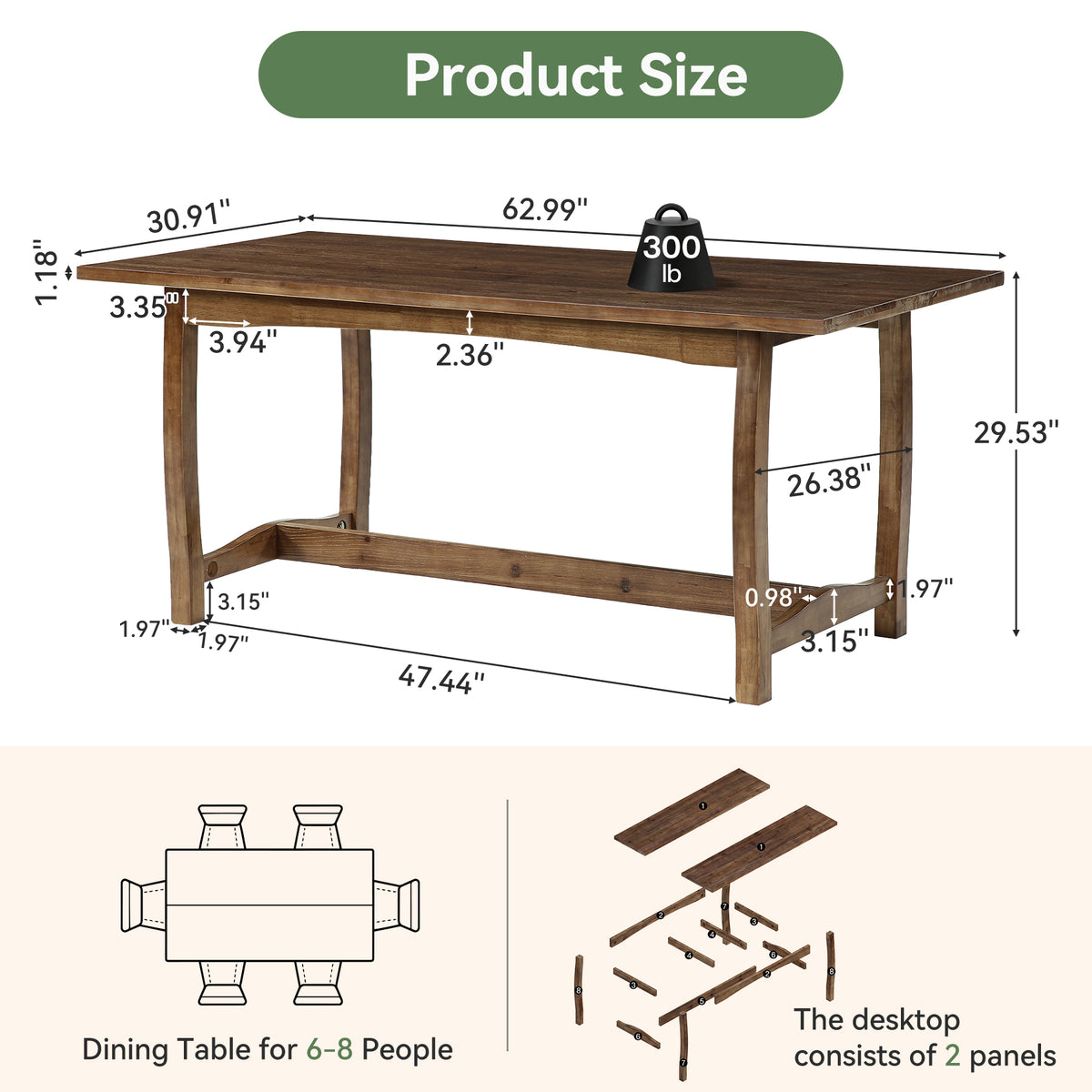 63" Solid Wood Executive Desk, Farmhouse Computer Desk with Reinforced Trestle Base