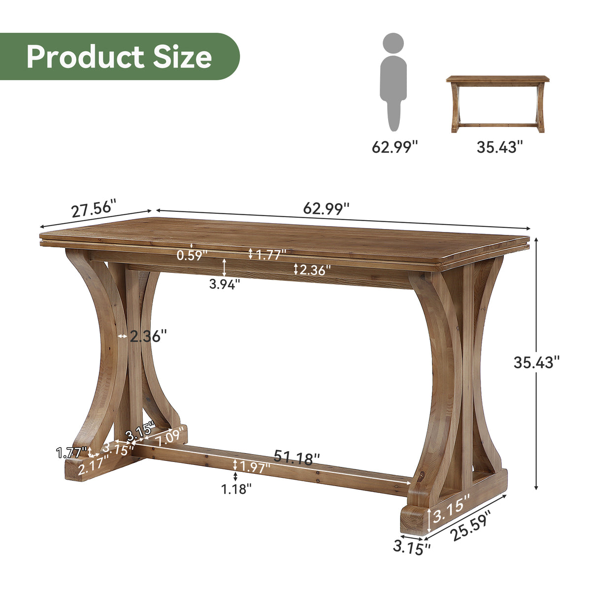 63" Counter Height Pub Table, Farmhouse Solid Wood Bar Table with X-Shaped Legs
