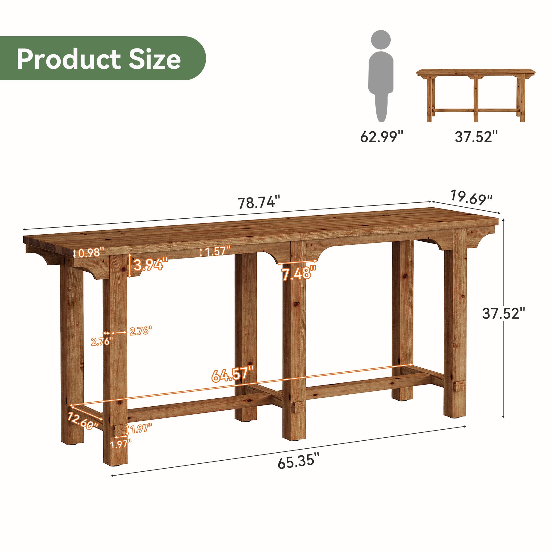 79" Extra Long Bar Table for 6-8, Counter Height Solid Wood Pub Table, Narrow High Top