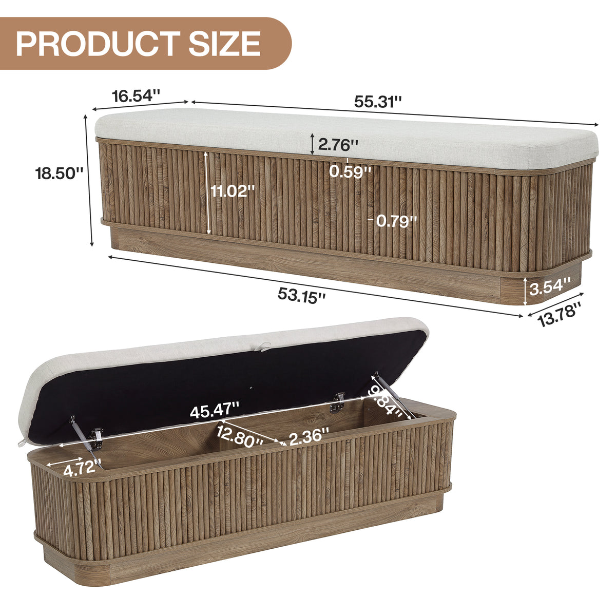 55" Lift Top Storage Bench, Ottoman End of Bed Bench with Cushion & Safety Hinge