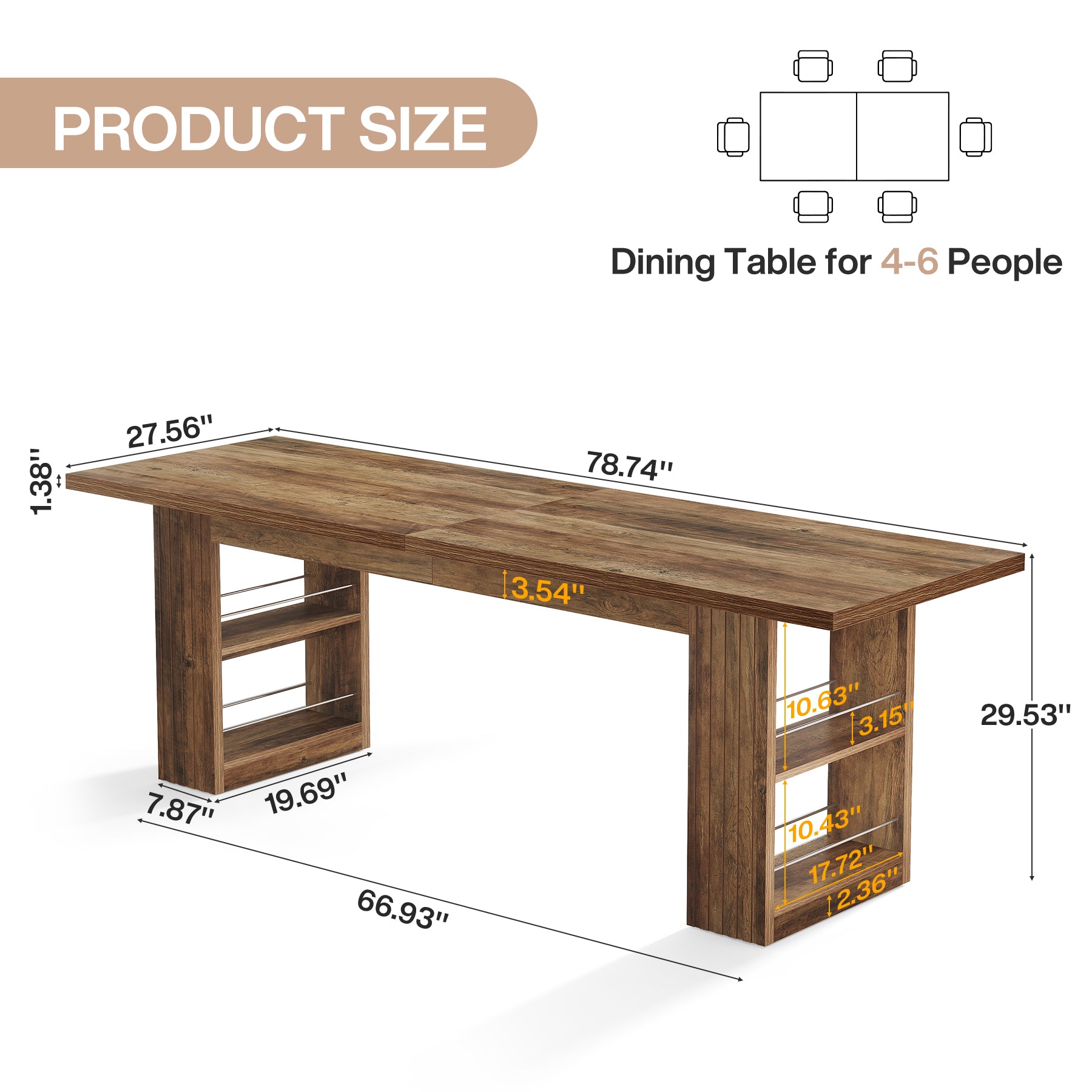 79” Farmhouse Dining Table, Large Kitchen Table with Storage Shelves for Dining Room & Kitchen
