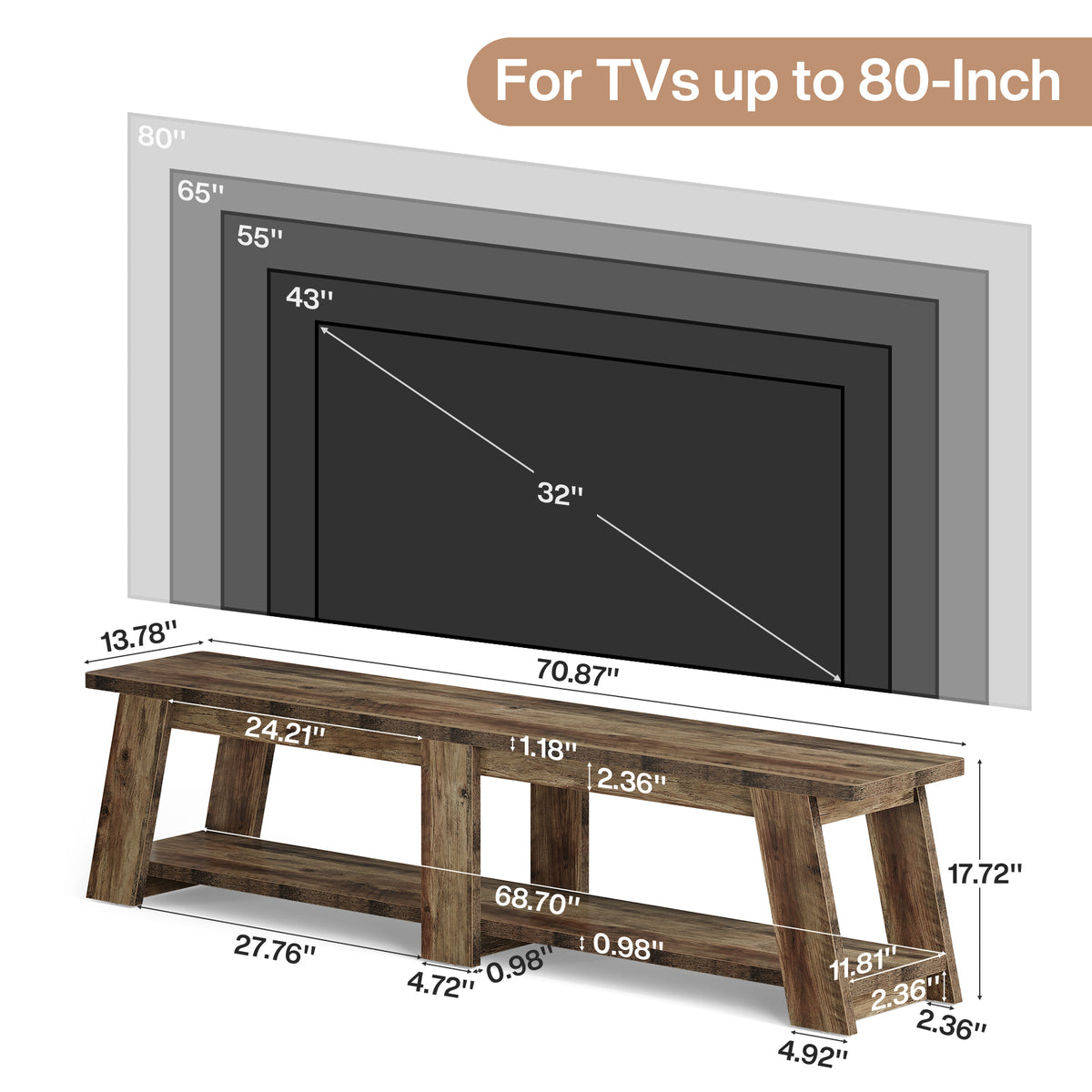 71" TV Stand for Up to 80" TVs, 2-Tier Entertainment Center with Trapezoid-Style Frame for Living Room