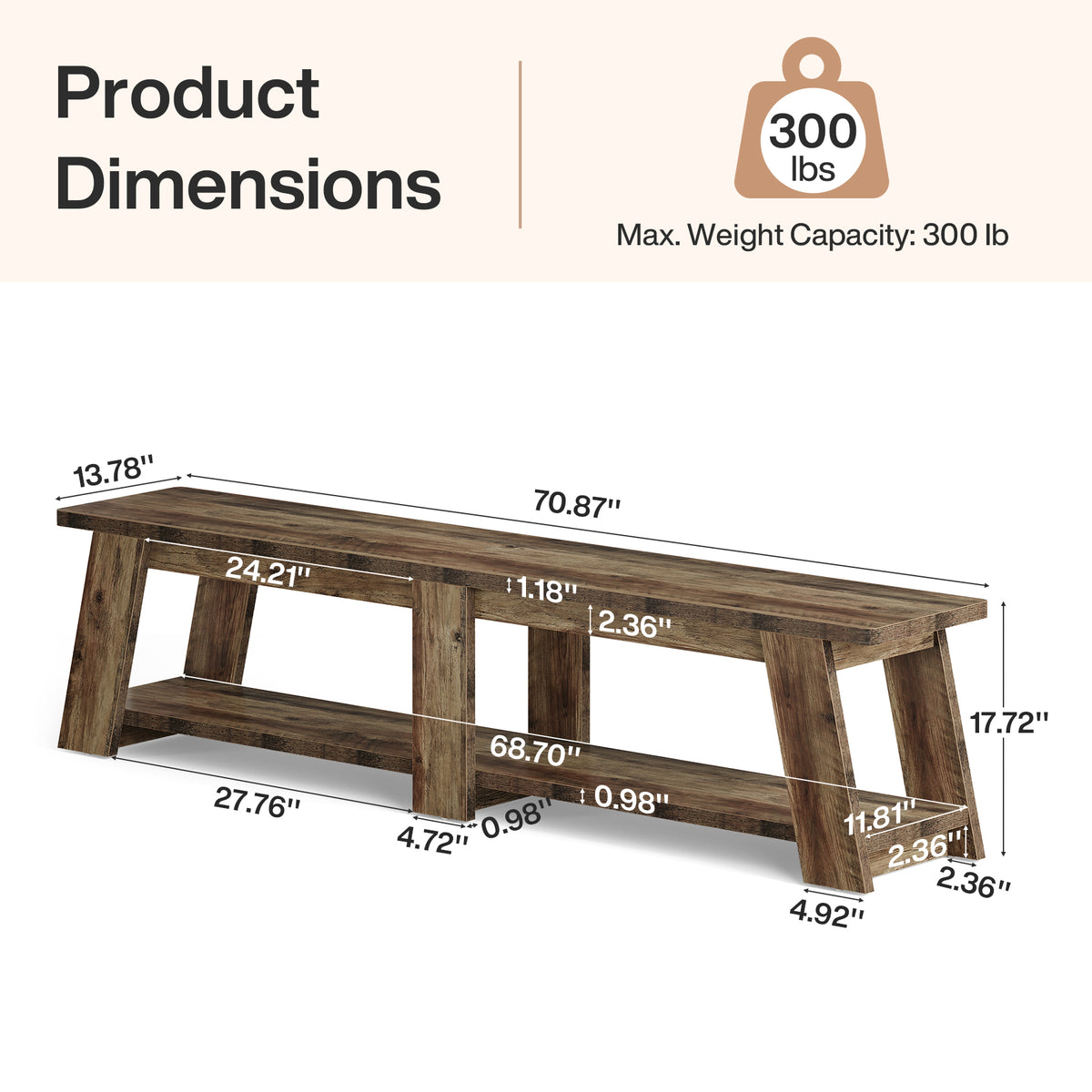 71" Entryway Bench, 2-Tier Shoe Bench with Trapezoid-Style Legs for Hallway