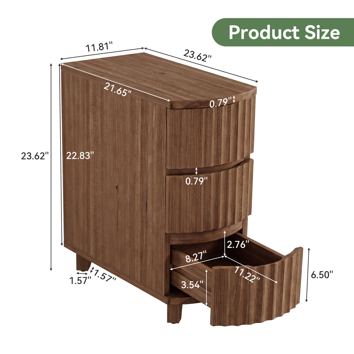 Solid Wood End Table, 3-Drawer Narrow Side Table with Curved Design for Living Room