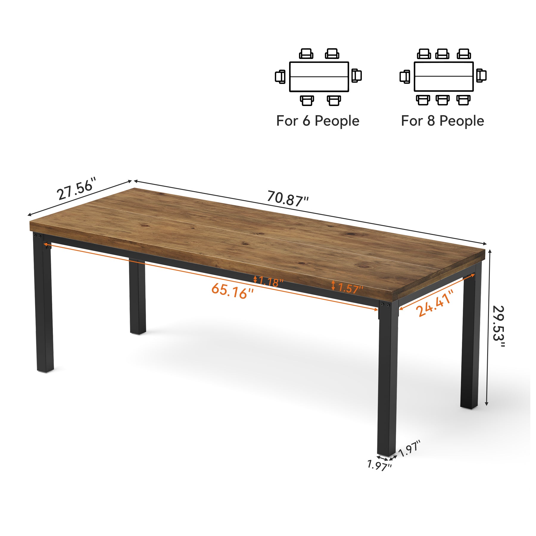 70.9" Solid Wood Dining Table, Farmhouse Kitchen Table with Thick Tabletop for 4-8 People
