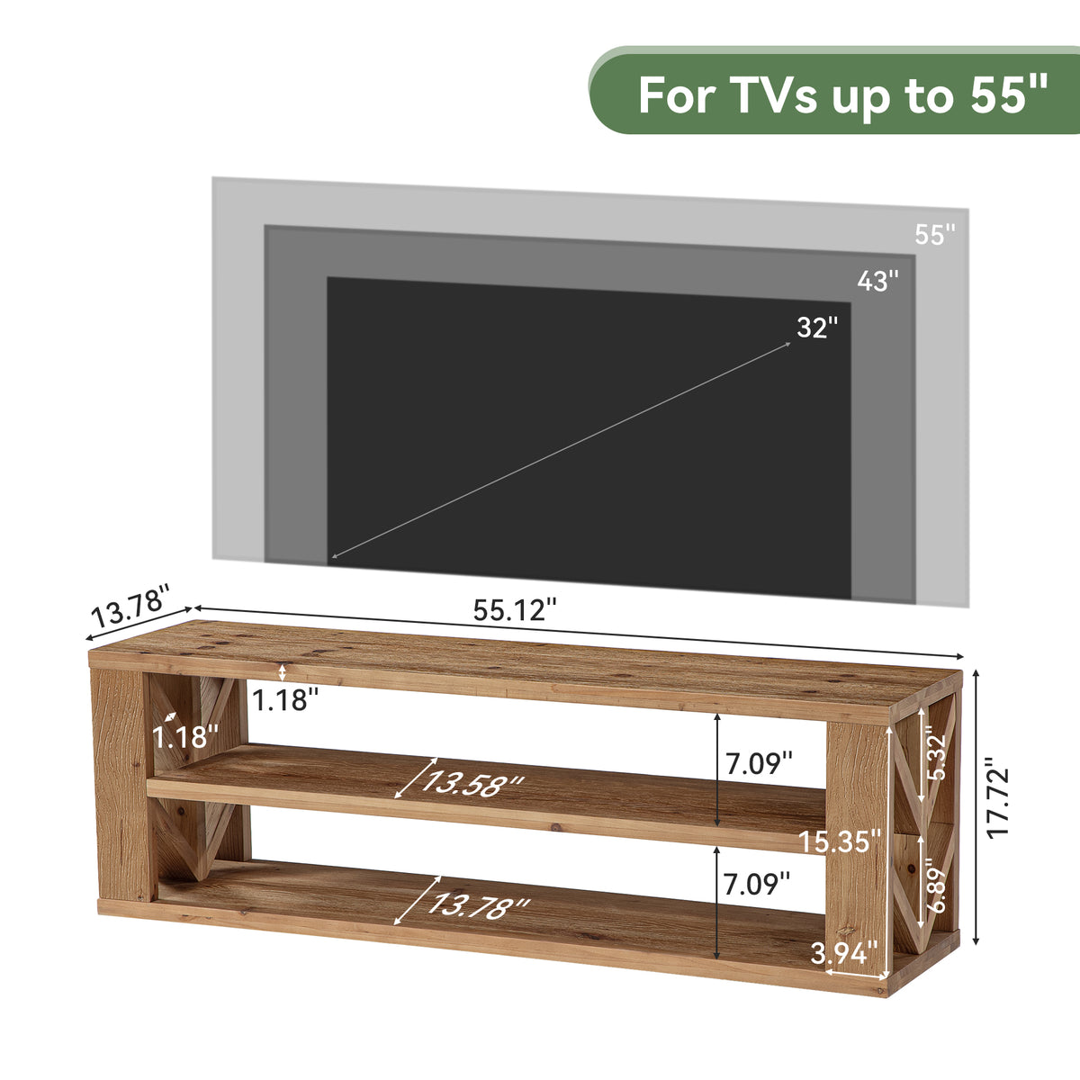 3-Tier Solid Wood TV Stand for TVs up to 55", Entertainment Center with Open Shelf for Living Room