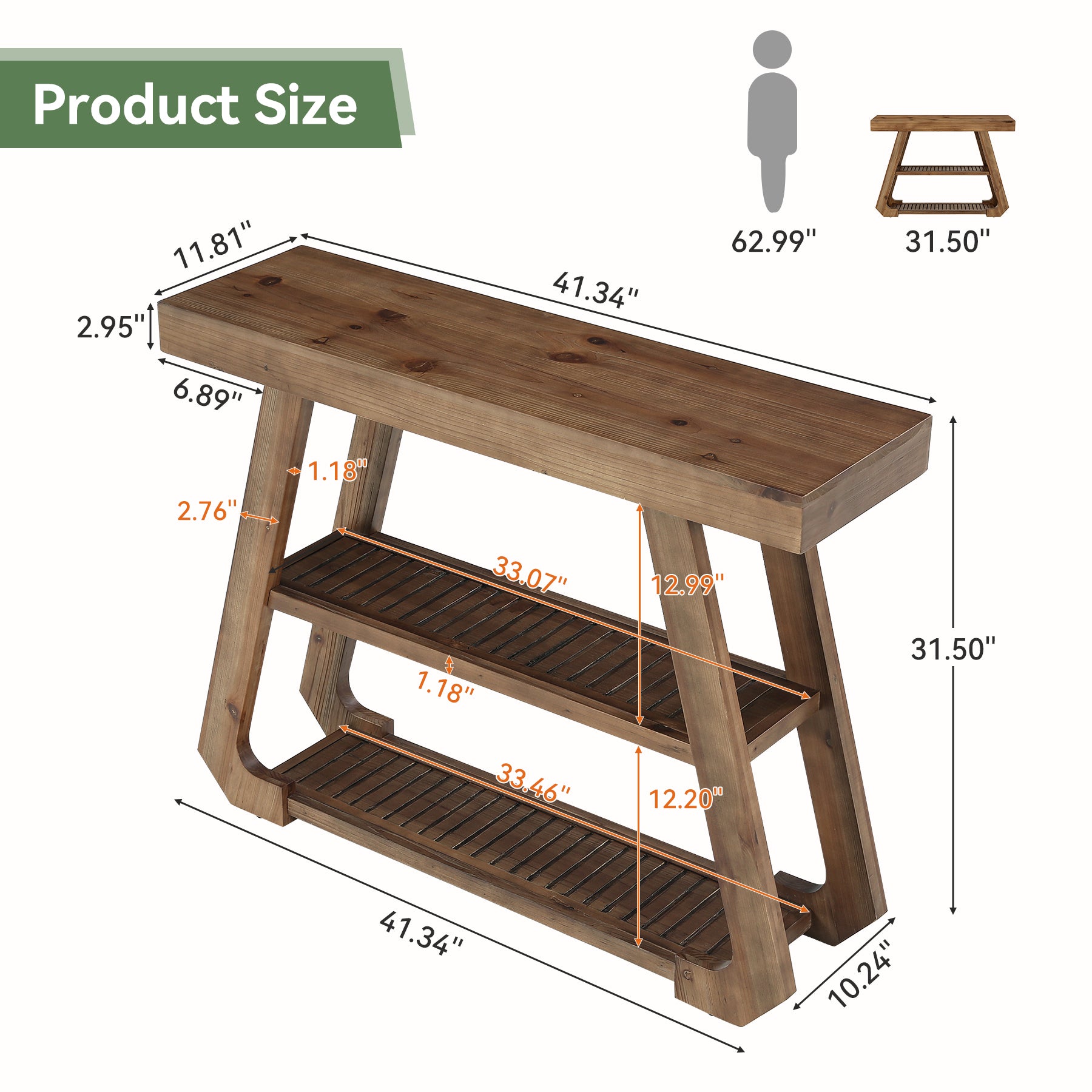 41.3" Solid Wood Console Table, 3-Tier Entryway Sofa Table for Foyer, Living Room