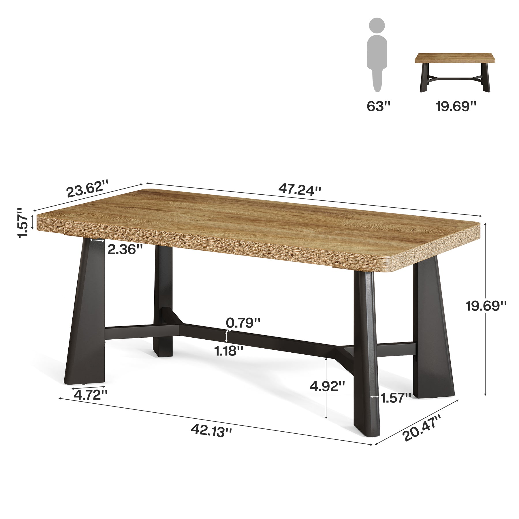 47.24" Rectangular Coffee Table, Farmhouse Industrial Center Table For Living Room